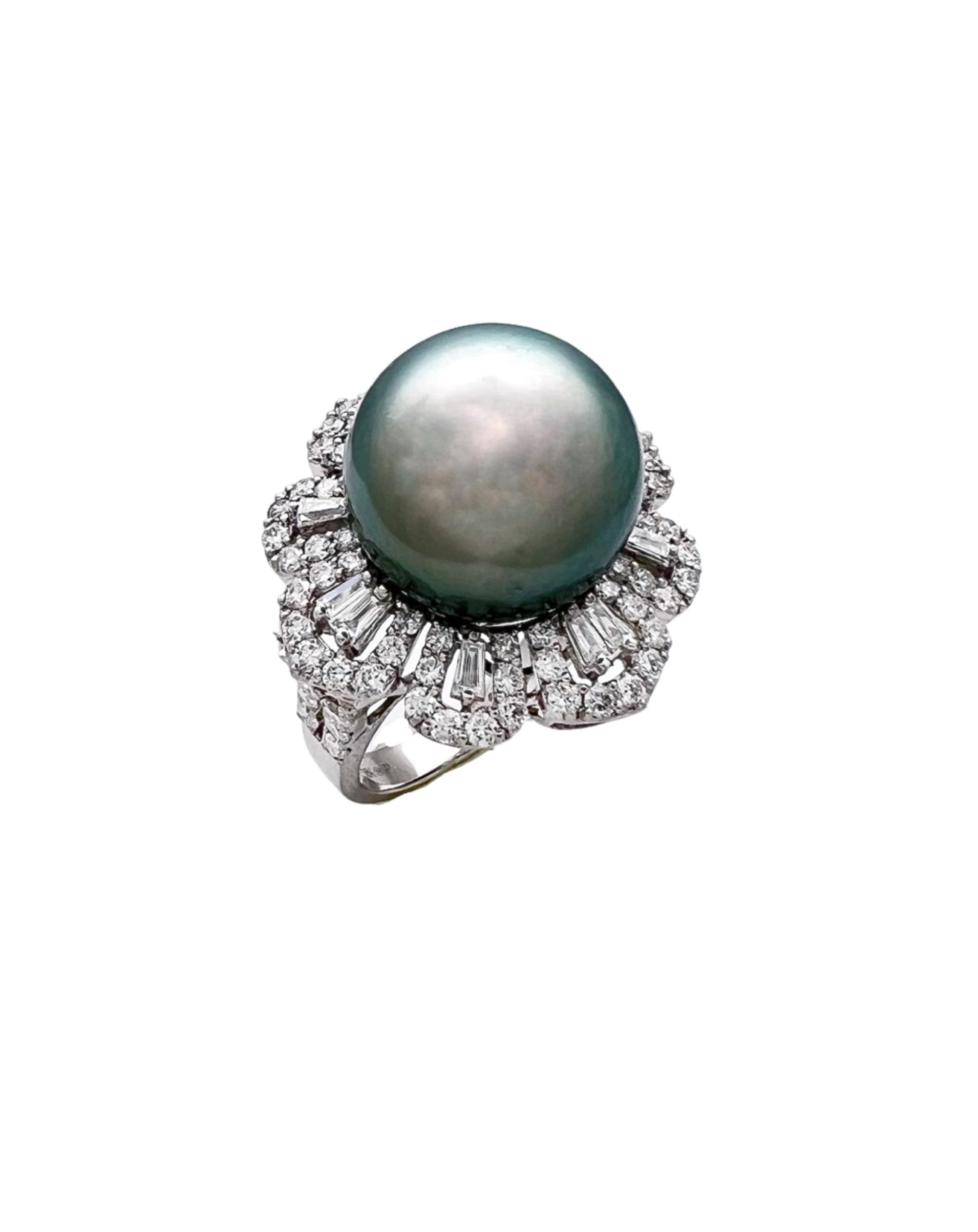 14.2MM Tahitian Pearl (Certificated) & 2.04 Cts Diamonds Set In 18K White Gold Ring