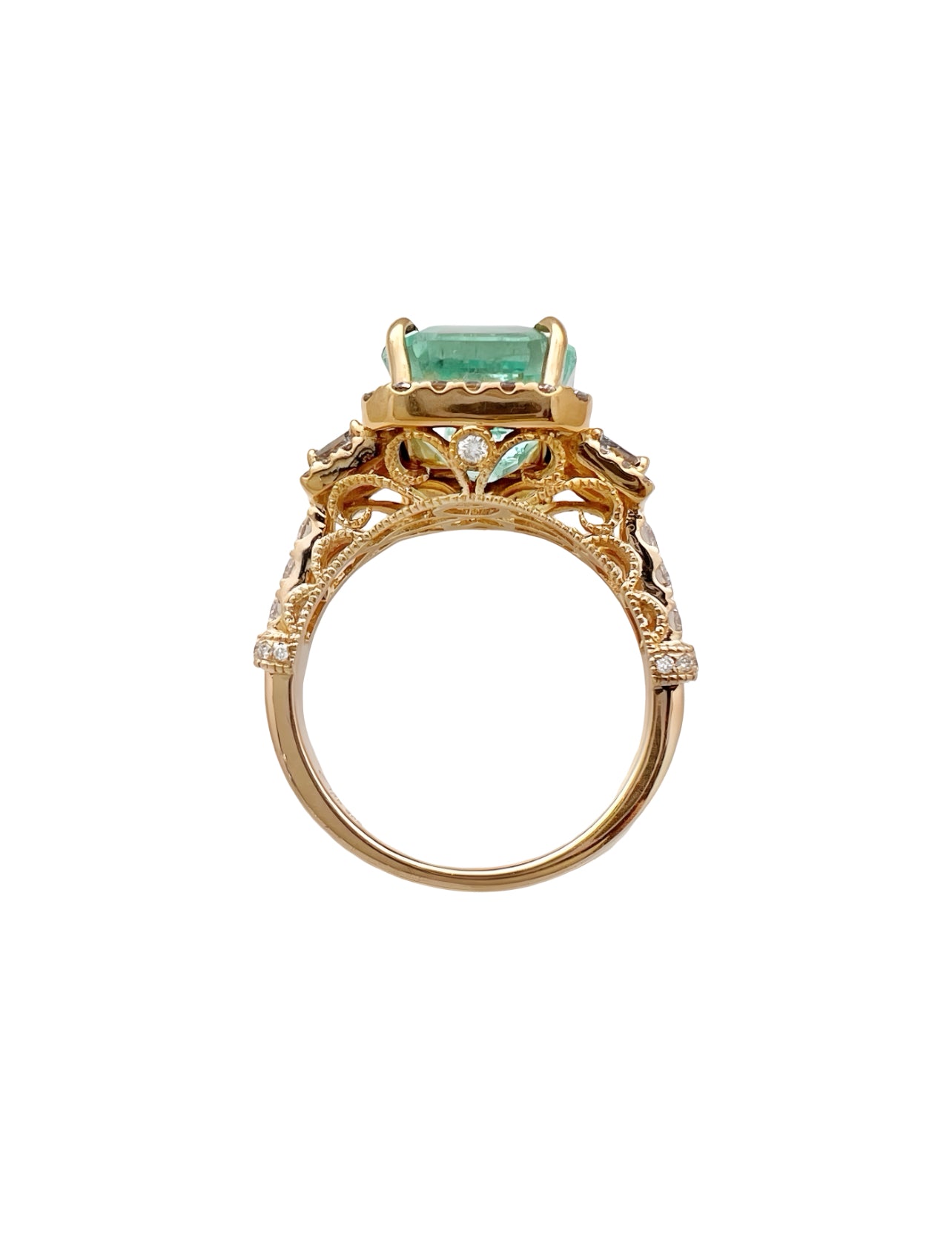 4.19 Carats Colombian Emerald No Oil (Certified) & 1.13 Carats Diamonds VS2 Set In 14 Karat Yellow Gold Ring