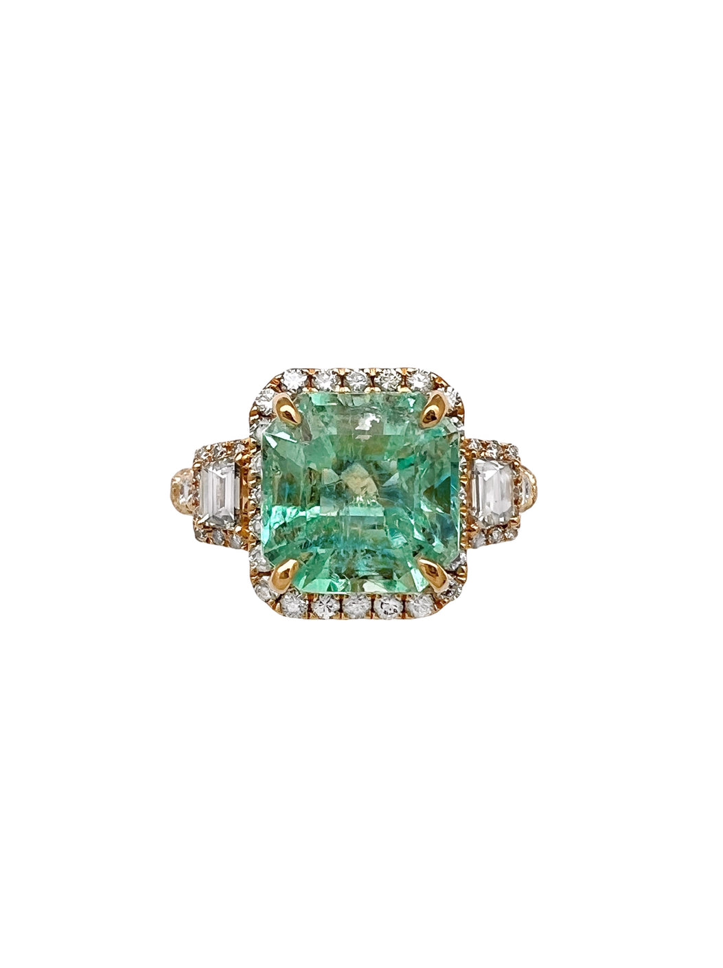 4.19 Carats Colombian Emerald No Oil (Certified) & 1.13 Carats Diamonds VS2 Set In 14 Karat Yellow Gold Ring