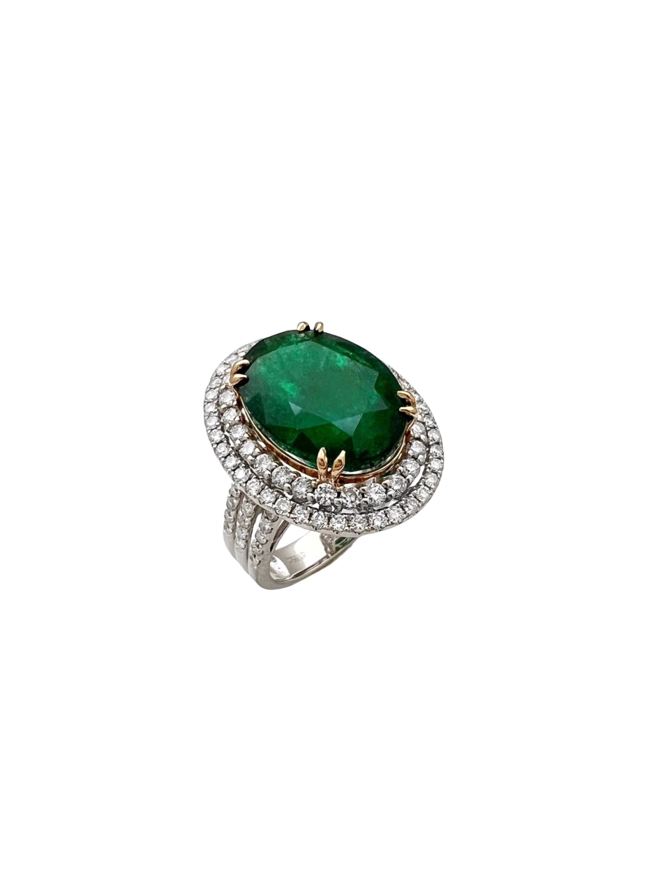 10.21 Carats Brazilian Emerald F2 (Certified) & 2.03 Carats Diamonds Double Halo Ring – 14K White & Yellow Gold Ring