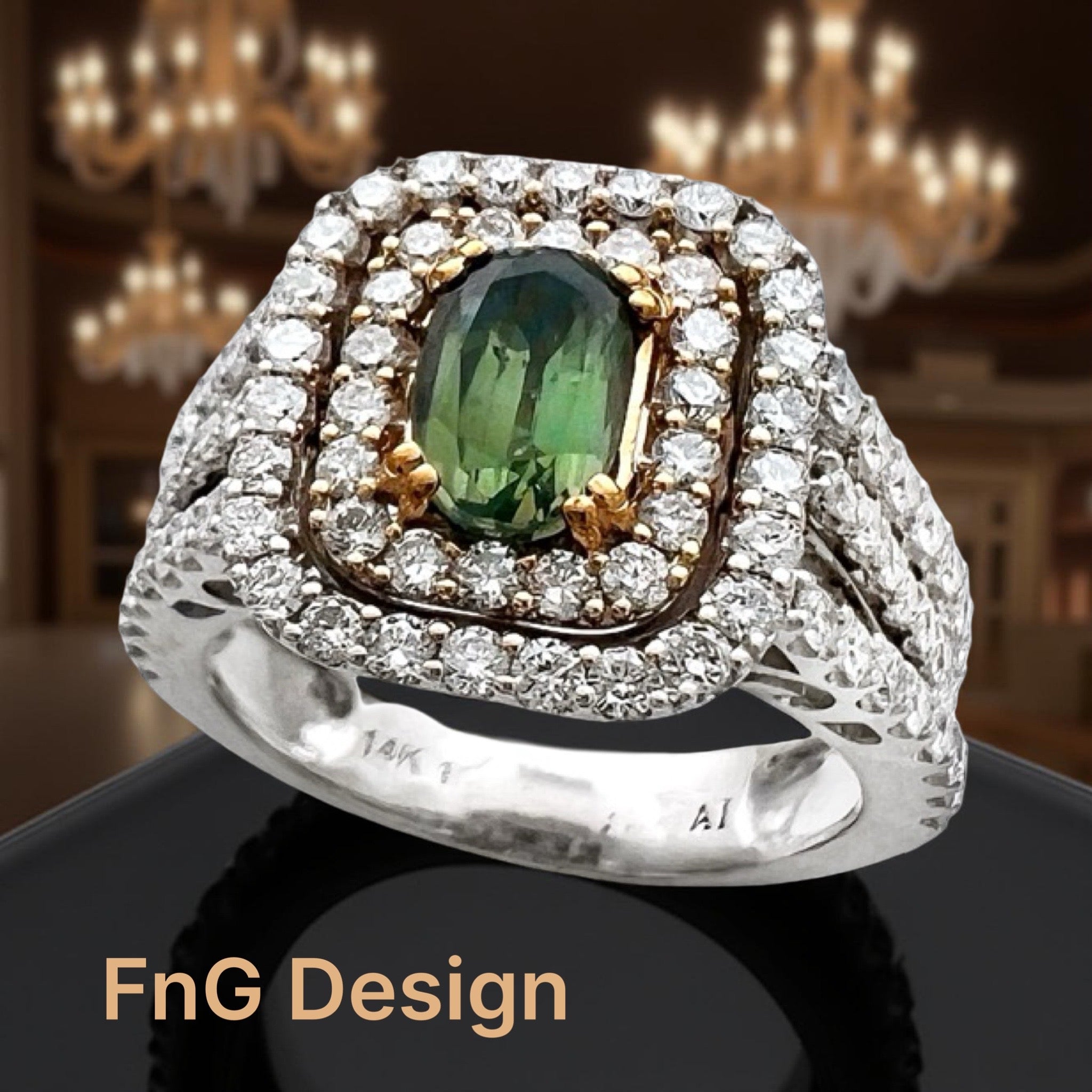 1.09 Carats Alexandrite GIA (Certified) & 1.72 Carats Diamonds VS2 Set In 14K white-Yellow Gold Ring