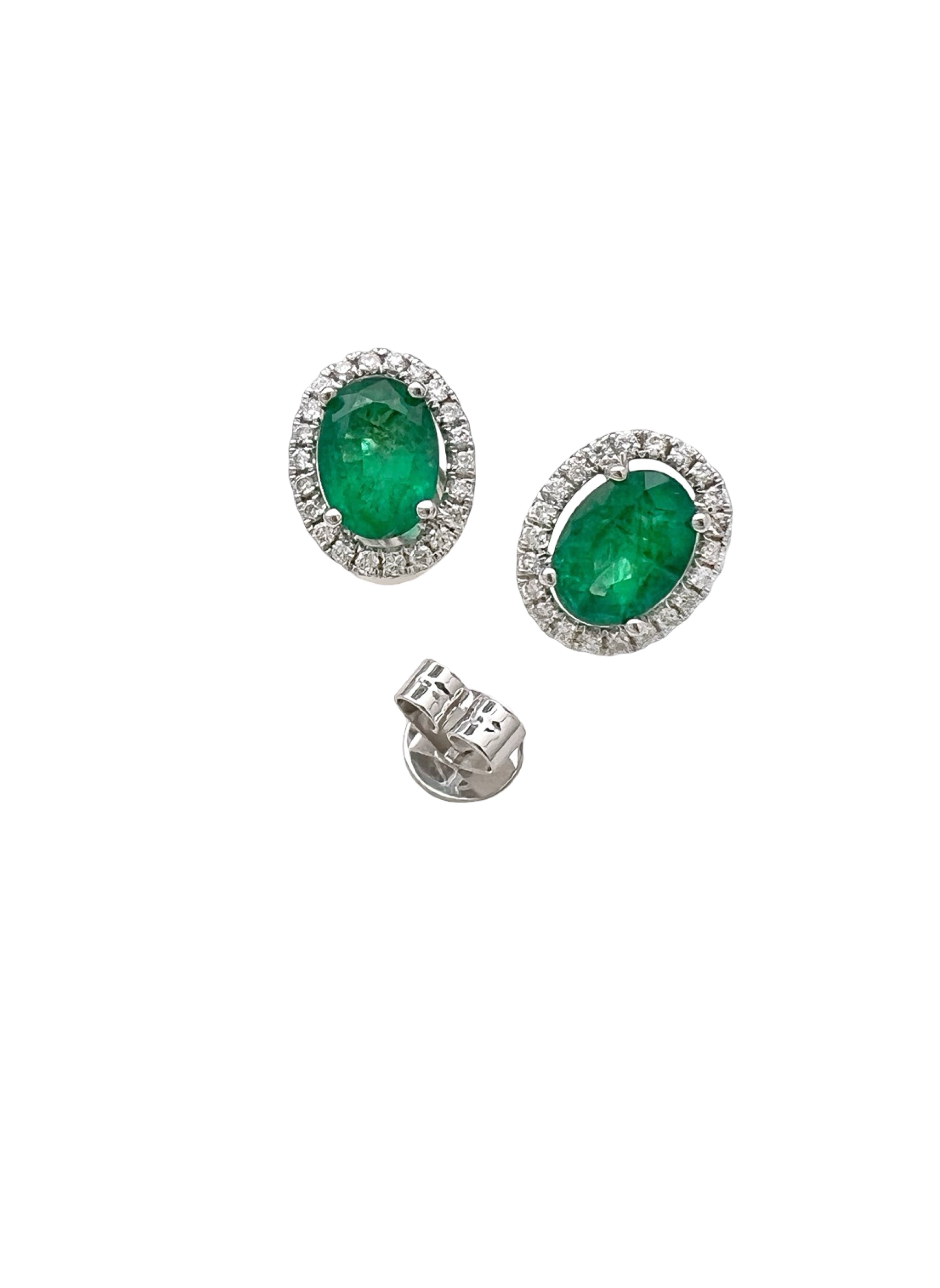 1.88 Carats Brazilian Emeralds F2 (Certified) & 0.48 Carats Diamonds Set In 18 Karat White Gold Earrings