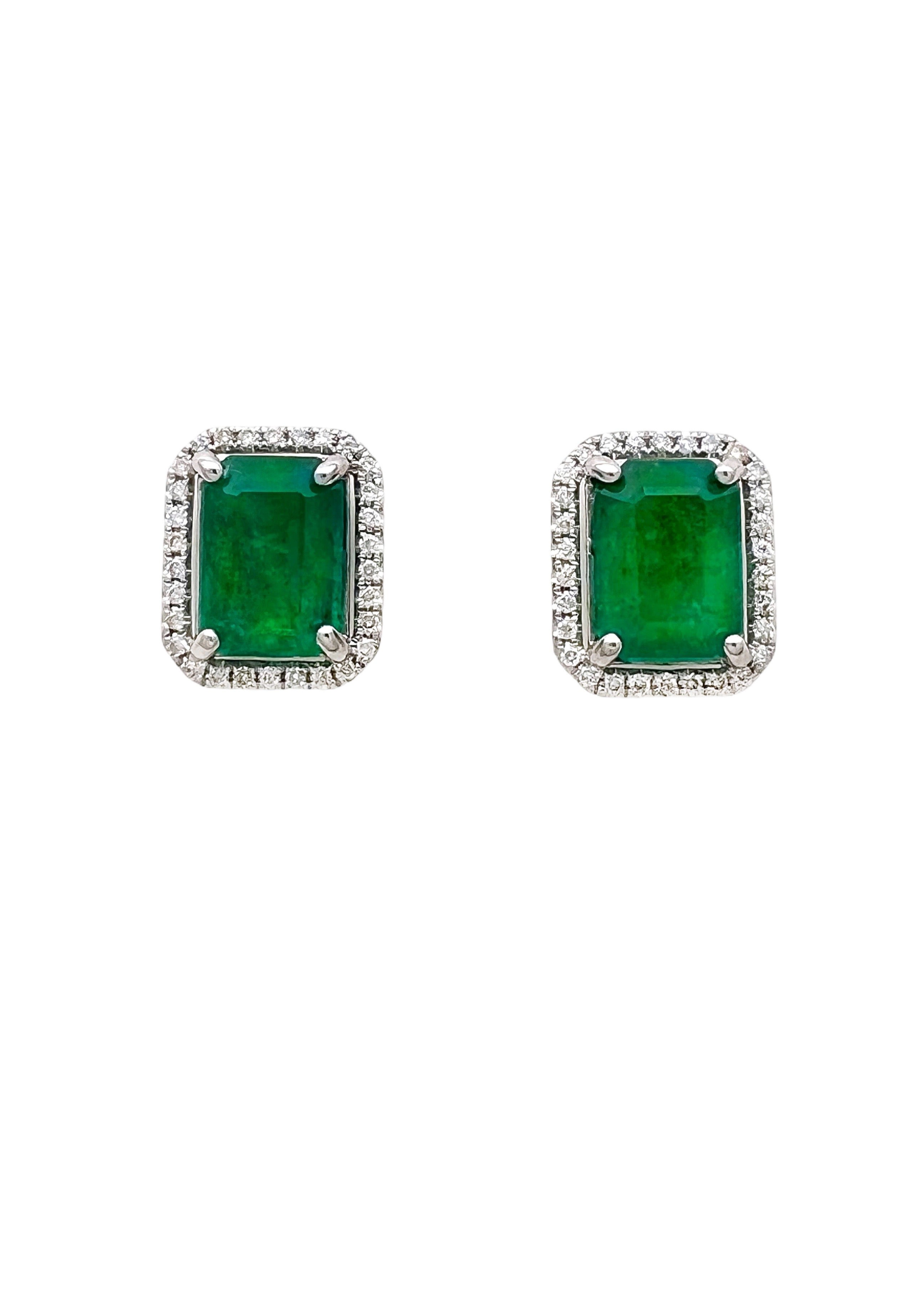 4.47 Carats Brazilian Emeralds F2 (Certified) & 0.42 Carats Diamonds Set 14k White Gold Earrings