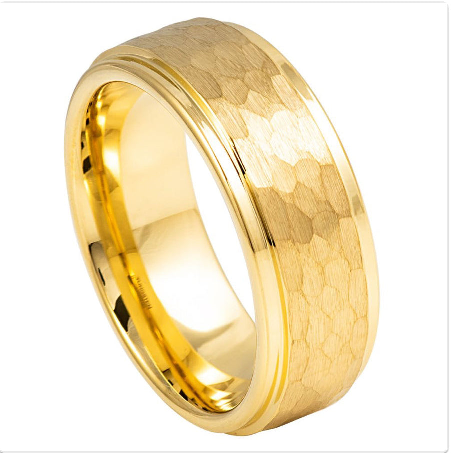 Gold Tungsten Carbide 8mm ion Plating Flat Hammered Finished hi-Polished Stepped Edge Ring