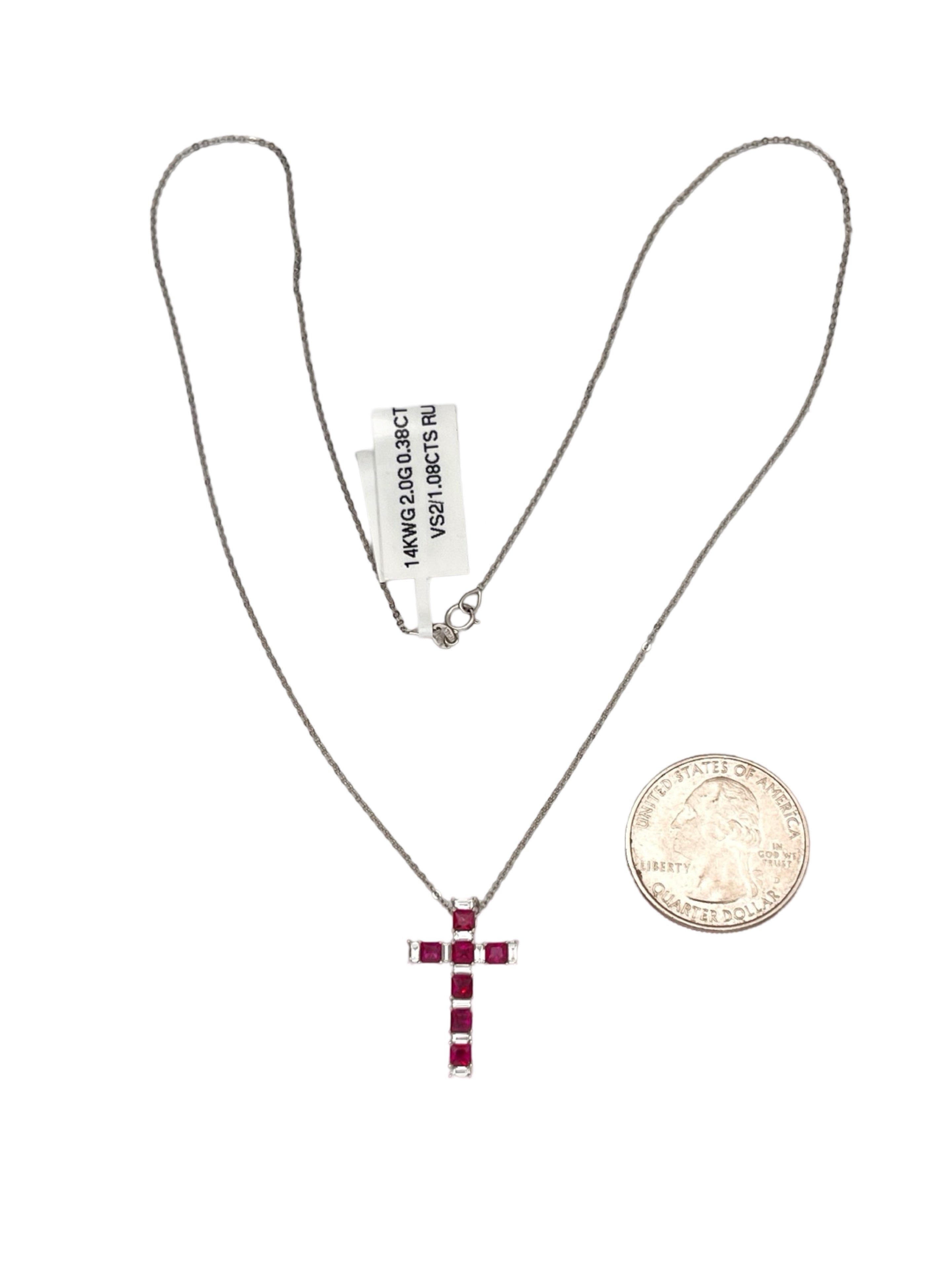 1.08Cts Rubies Burma(Certified) & 0.38Cts Diamonds 14K White Gold Cross W/Chain