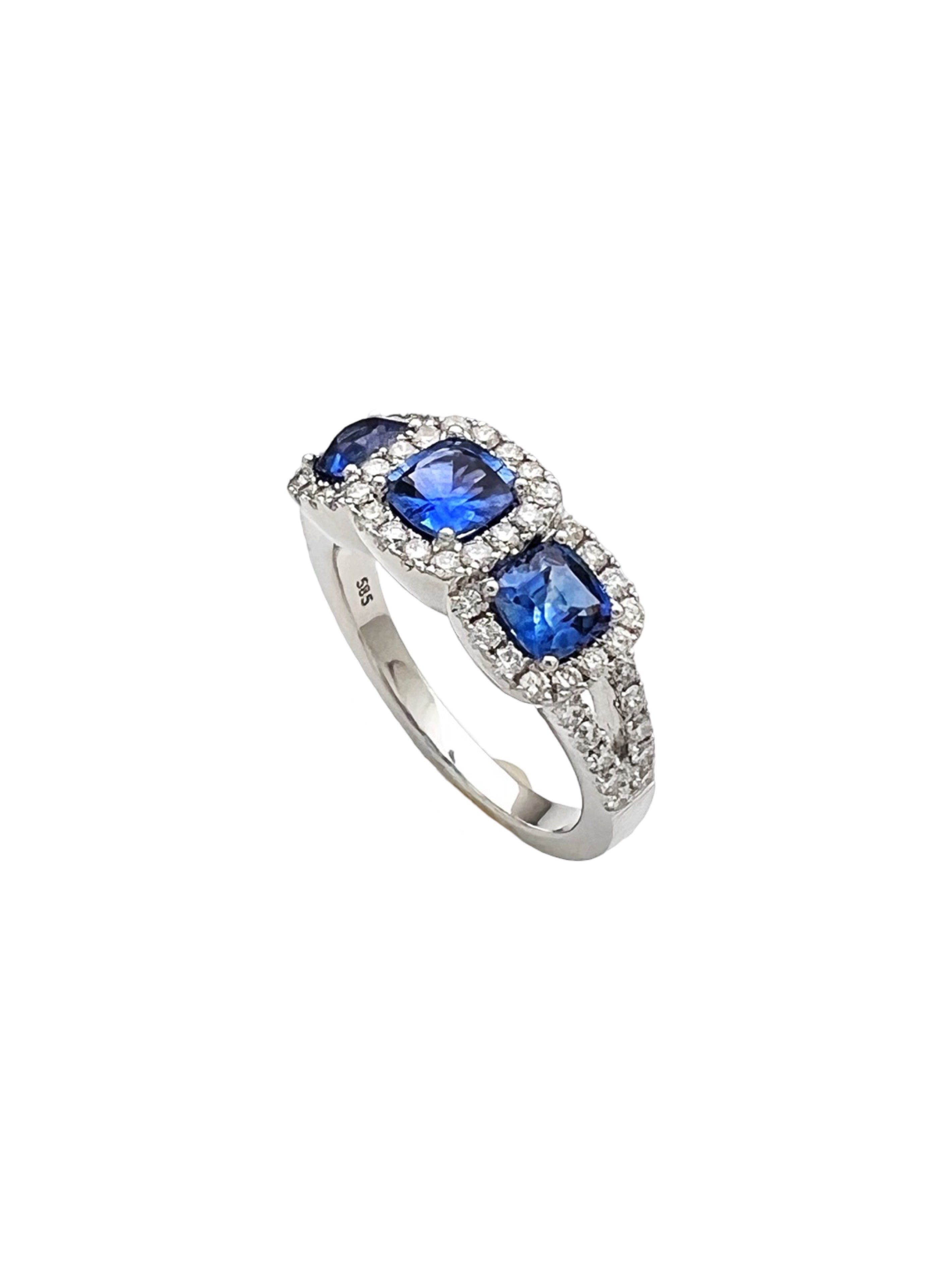 1.56Cts Sapphires Ceylon(Med Blue) 0.75Cts Diamonds 14K White Gold Ring