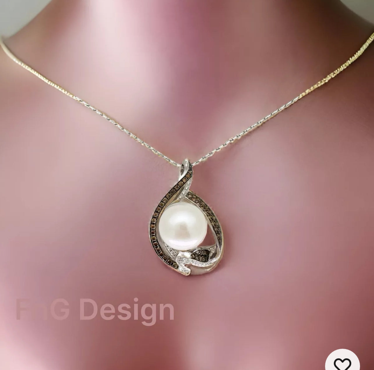 White South Sea Pearl & 1.03 Carats Of Chocolate-White Diamonds Set in 18 Karat White Gold Pendant & Chain Necklace