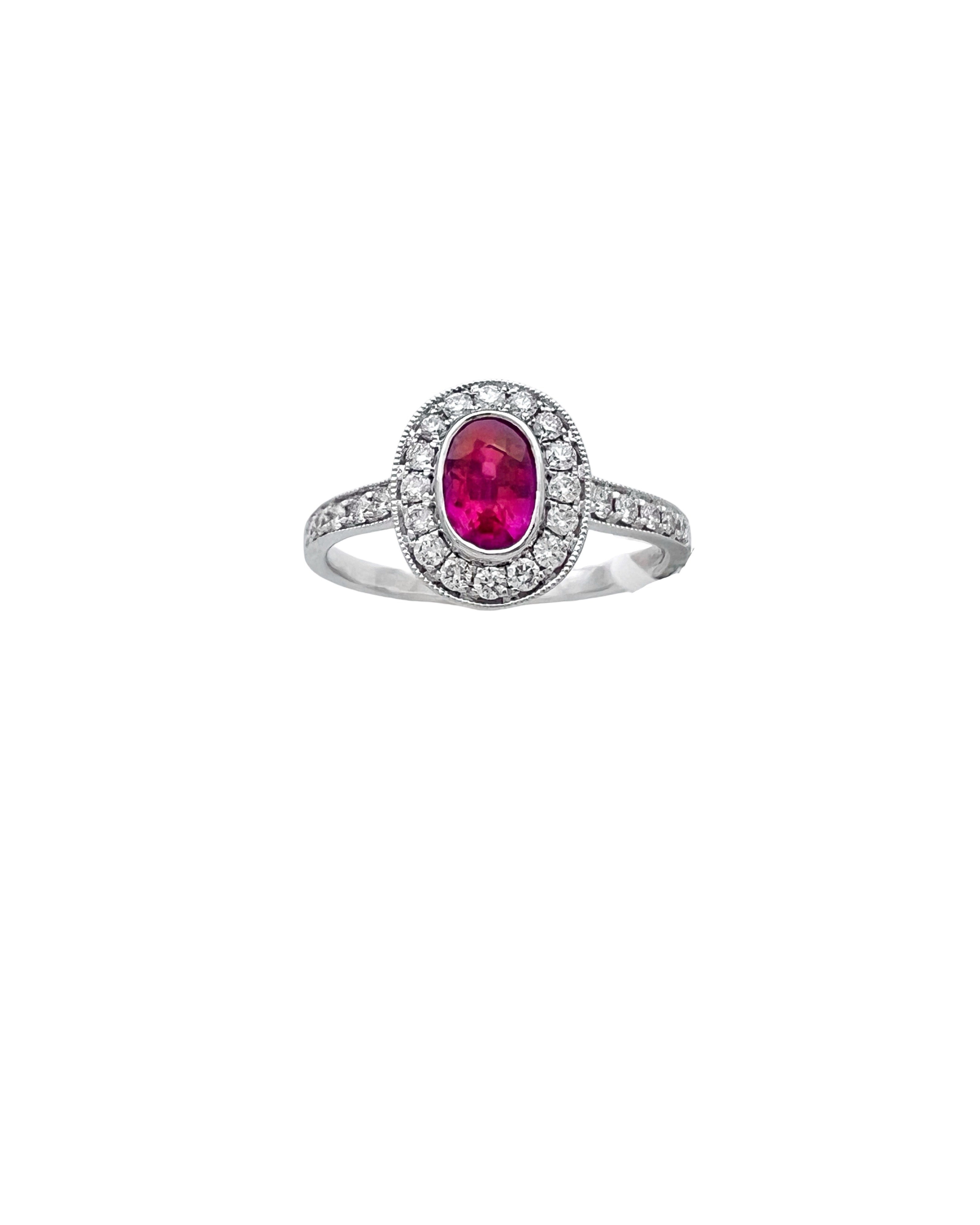 0.29 Carats Diamond VS2 & 0.76 Carats Red Ruby Set In 14 Karat White Gold Ring