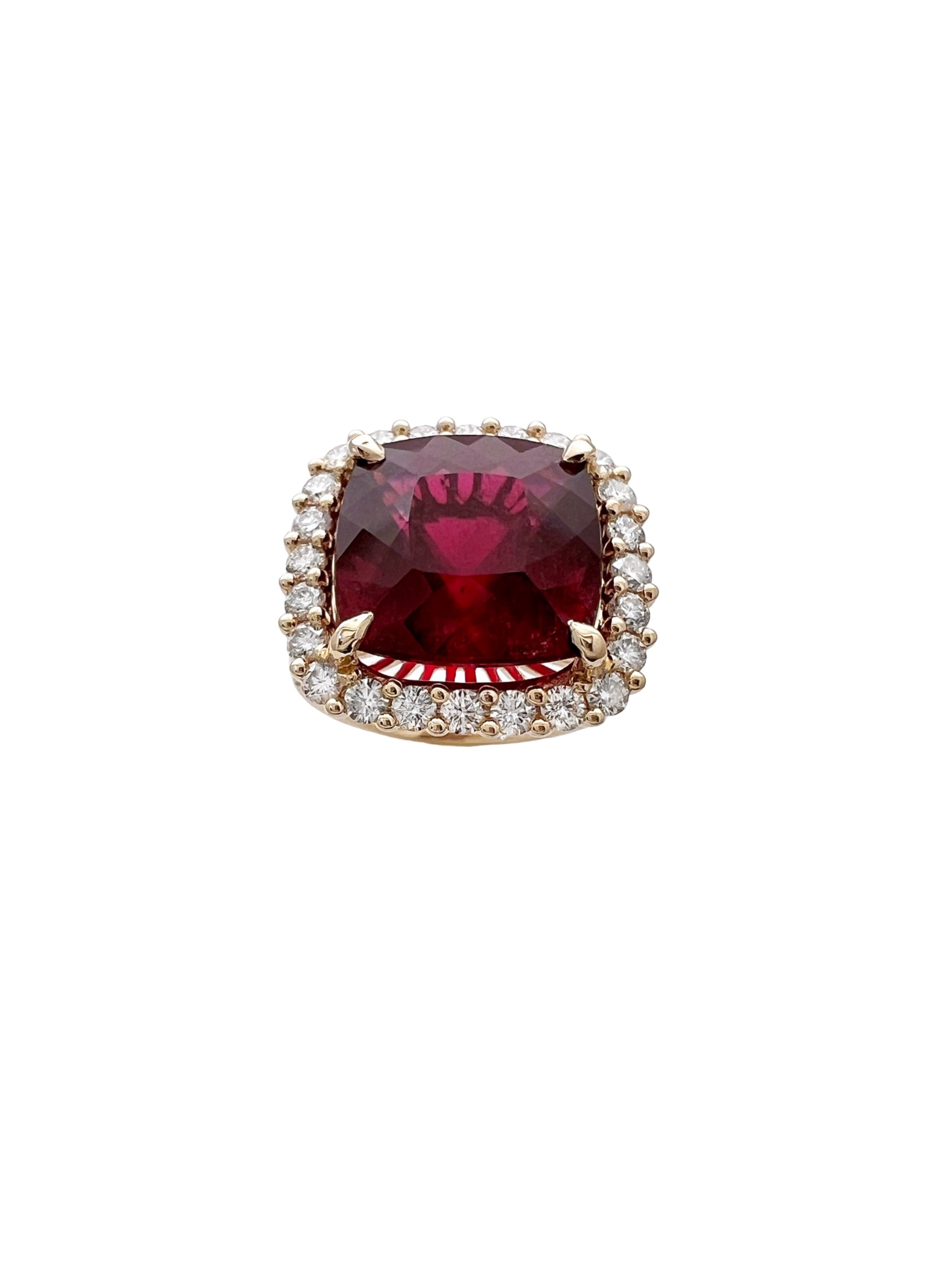 11.95 Carats Rubellite Tourmaline (Certified) & 1.76 Carats Diamonds VS2 Set In 14K Yellow Gold Ring