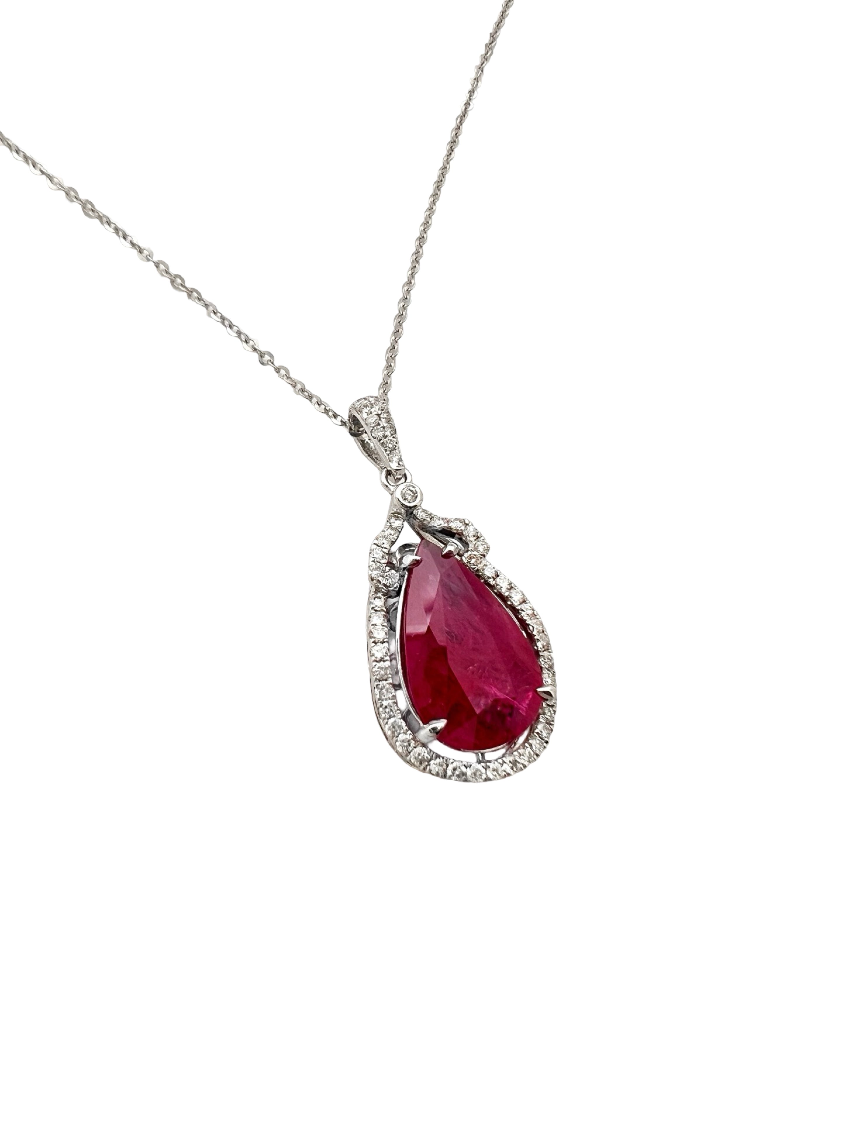 3.11 Carats Ruby Heated GIA (Certified) & 0.51 Carats Diamonds VS2 Set In 14 Karat White Gold Pendant With 14 Karat Chain 18 Inches