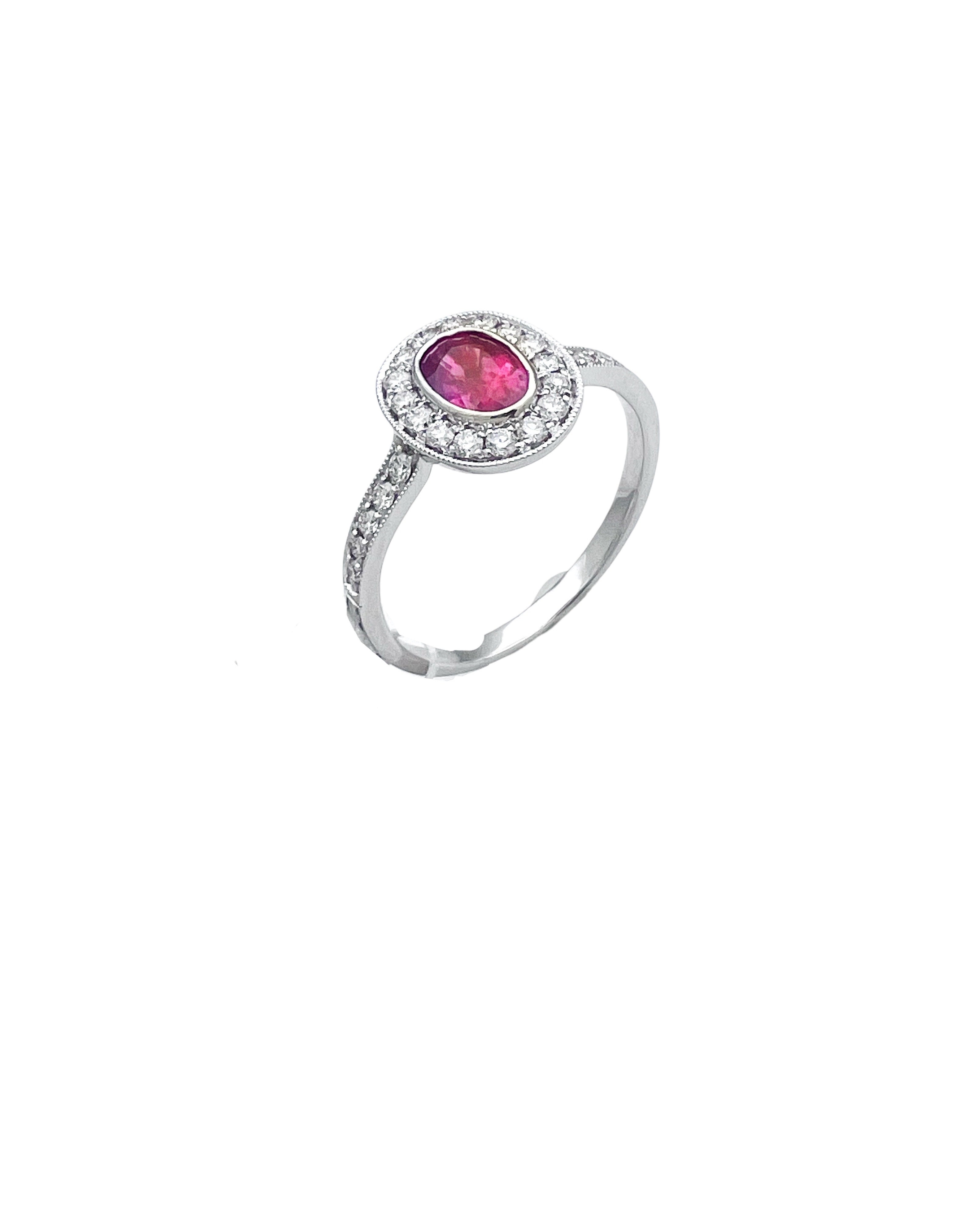 0.29 Carats Diamond VS2 & 0.76 Carats Red Ruby Set In 14 Karat White Gold Ring