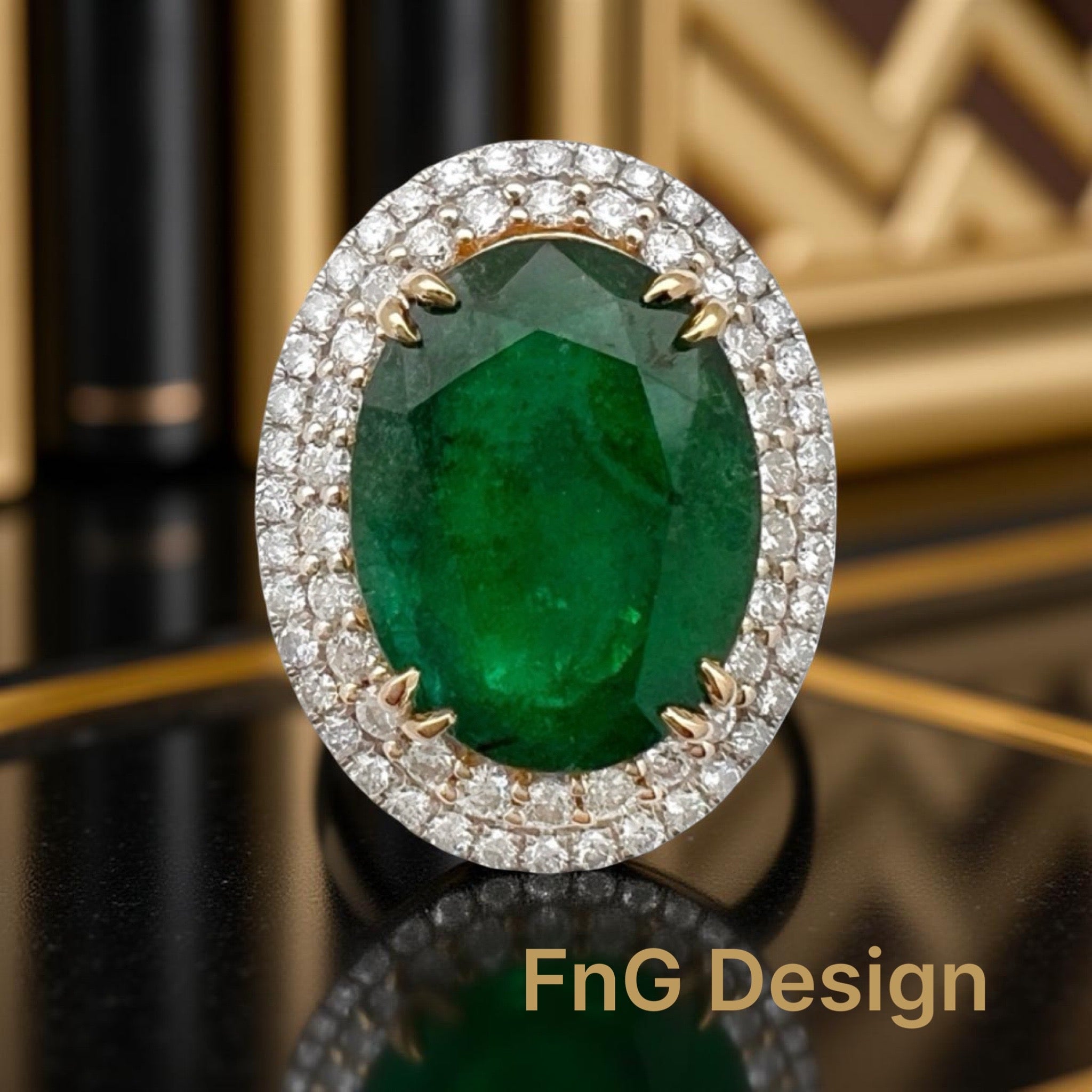 10.21 Carats Brazilian Emerald F2 (Certified) & 2.03 Carats Diamonds Double Halo Ring – 14K White & Yellow Gold Ring