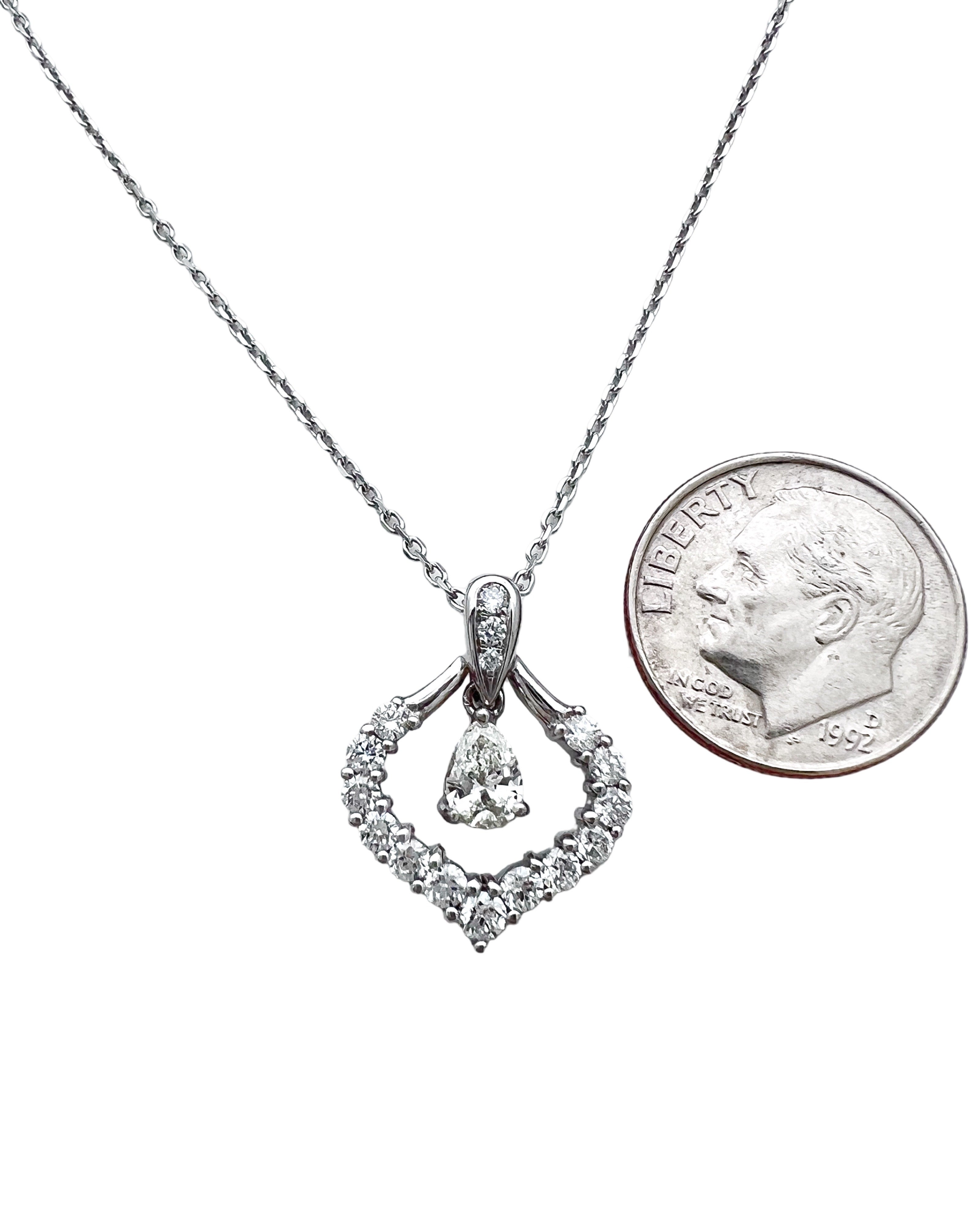 0.84 Carats Diamonds VS2 (Ctr .31) Set in 18 Karat White Gold Pendant & 18” Rolo Diamond-Cut Chain