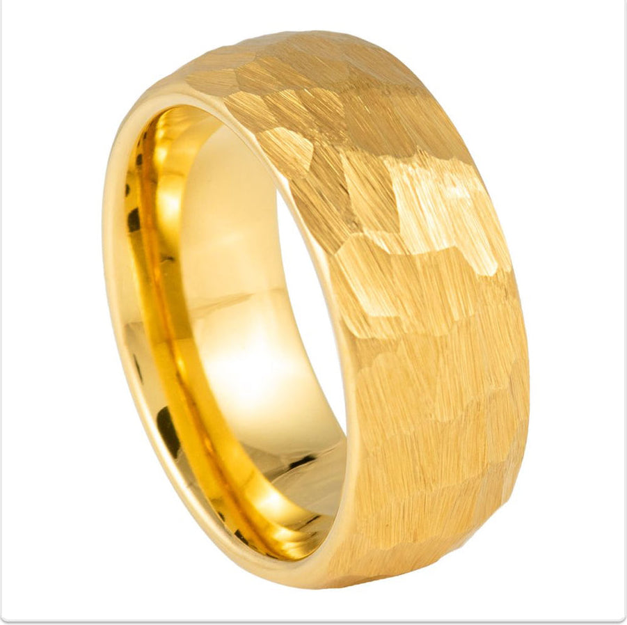 Gold Tungsten Carbide 8mm ion Plating Domed Hammered Finished Ring