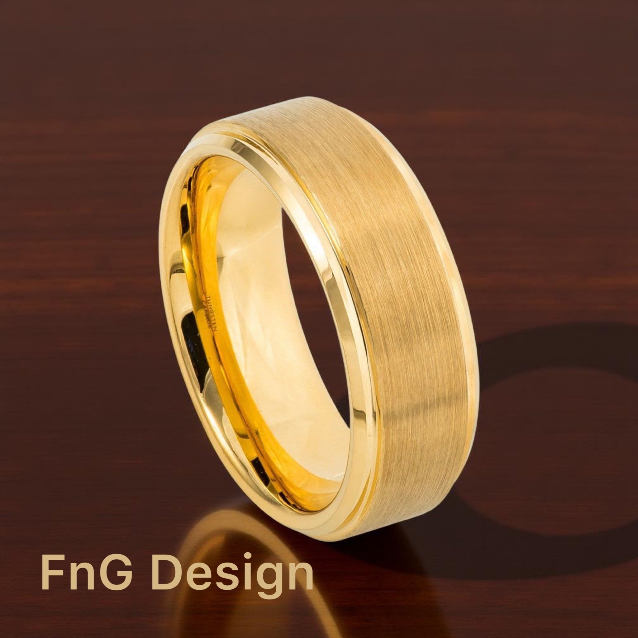 Gold Tungsten Carbide 8mm ion Plating Flat Brushed Stepped Edge Ring