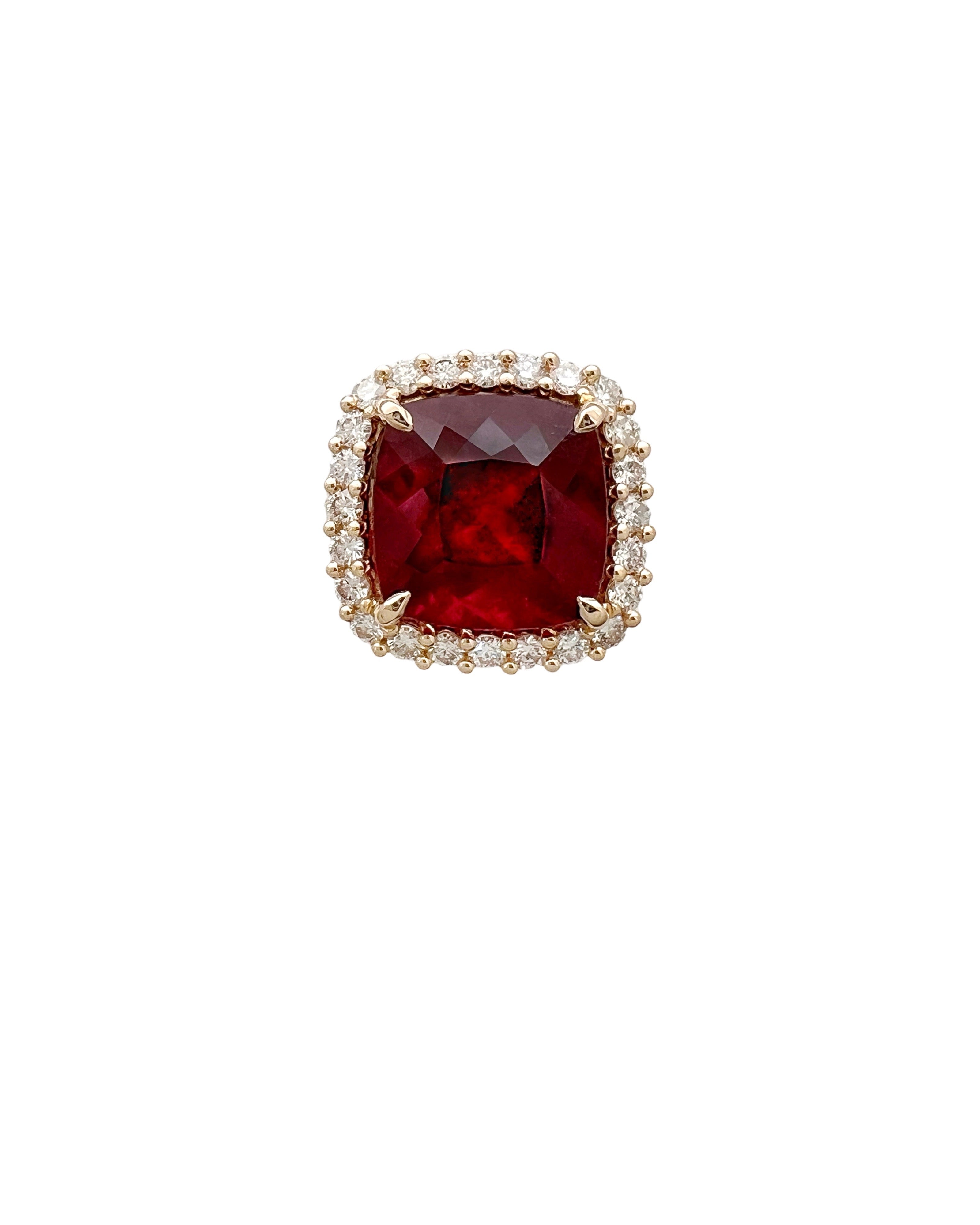 11.95 Carats Rubellite Tourmaline (Certified) & 1.76 Carats Diamonds VS2 Set In 14K Yellow Gold Ring