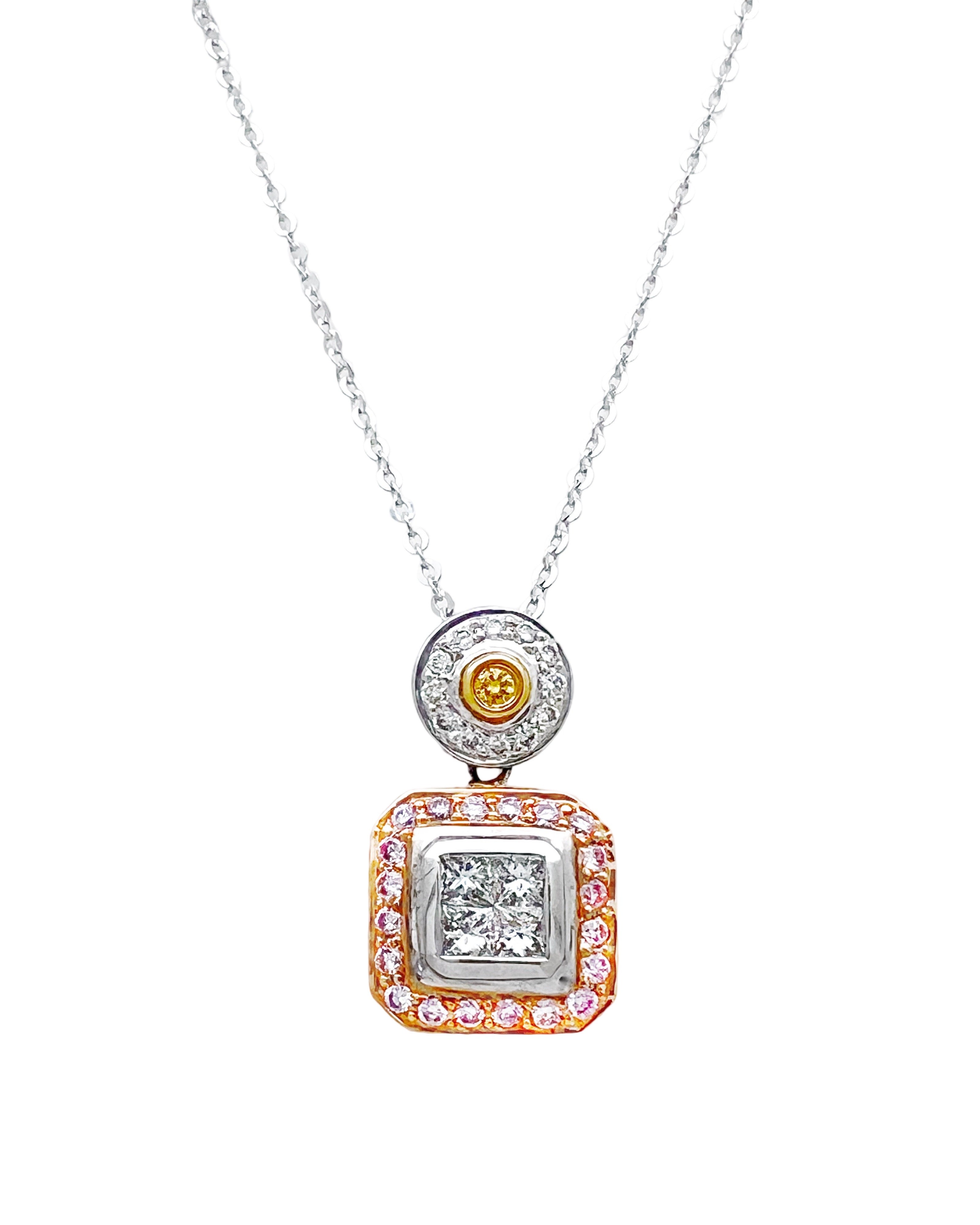 0.75 Carats Diamonds VS2 & 0.25 Carats Pink Diamonds & .03 Carats Yellow Diamonds Set In 18 Karat White Rose & Yellow Gold Pendant With Rolo Diamond-Cut Chain 18 Inches