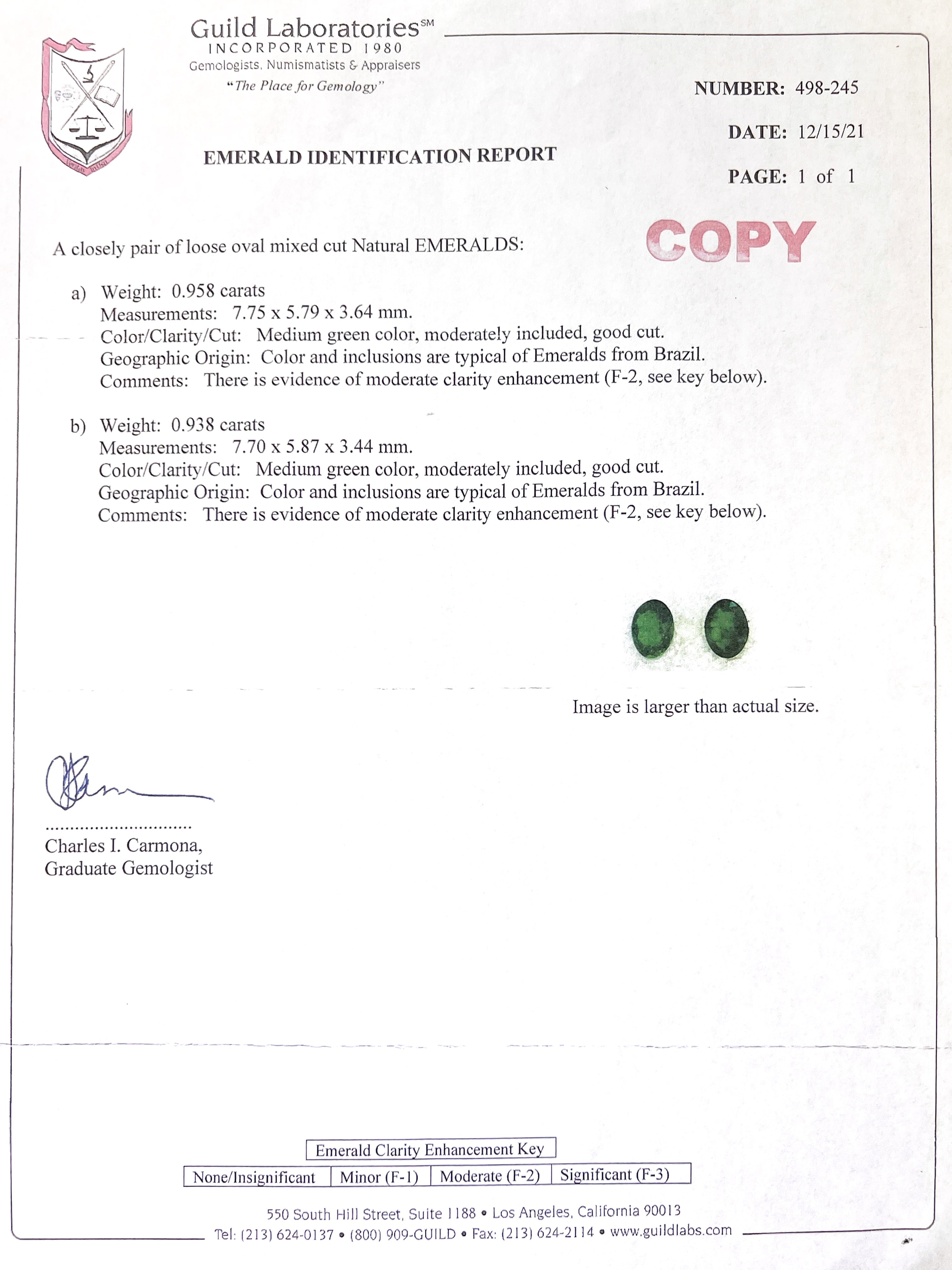 1.88 Carats Brazilian Emeralds F2 (Certified) & 0.48 Carats Diamonds Set In 18 Karat White Gold Earrings