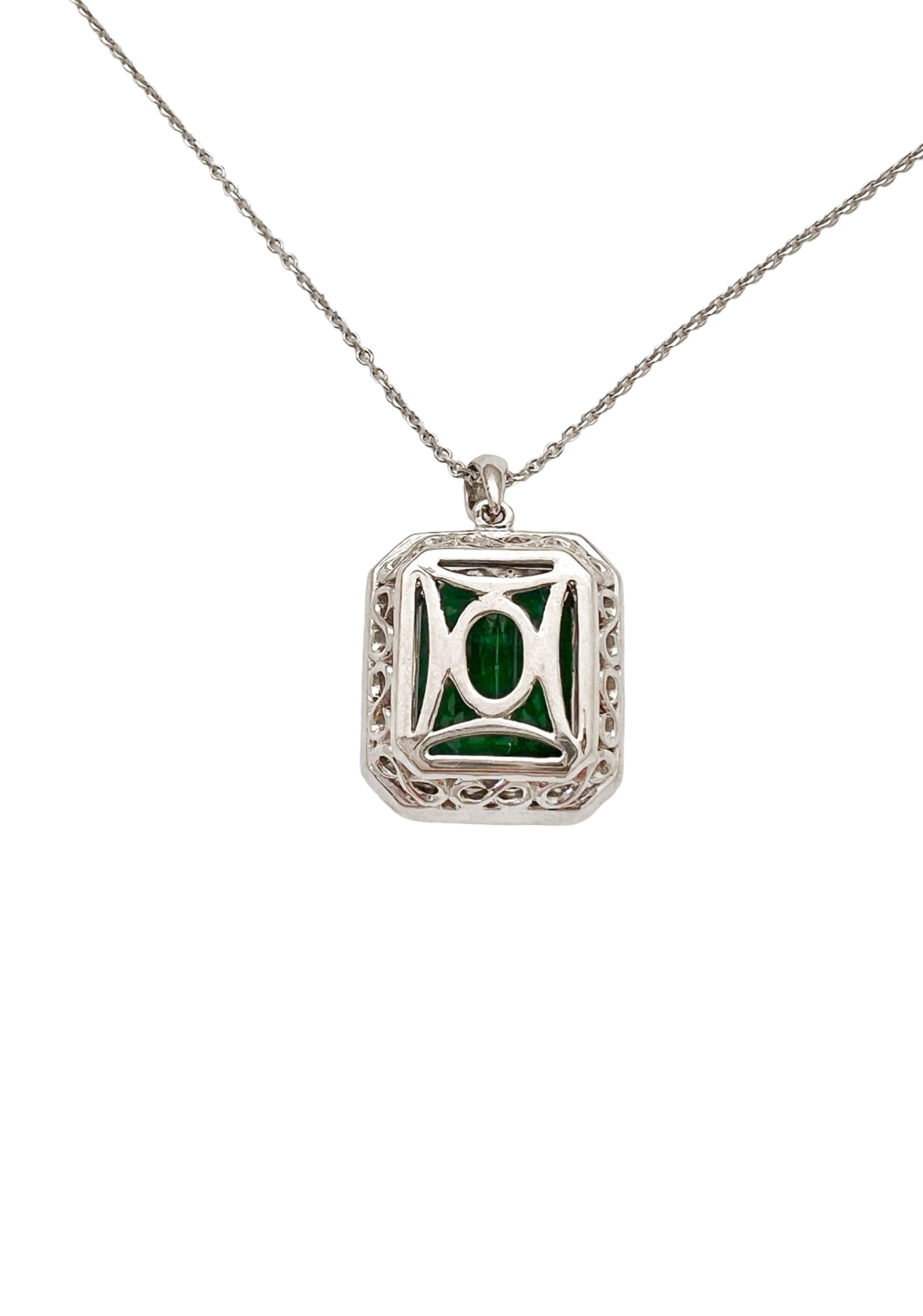 6.05 Carats Brazilian Emerald No-Oil (Certified) & 0.55 Carats Diamonds VS2 Set In 14 Karat White Gold Pendant Includes 14 Karat Chain 18 Inches