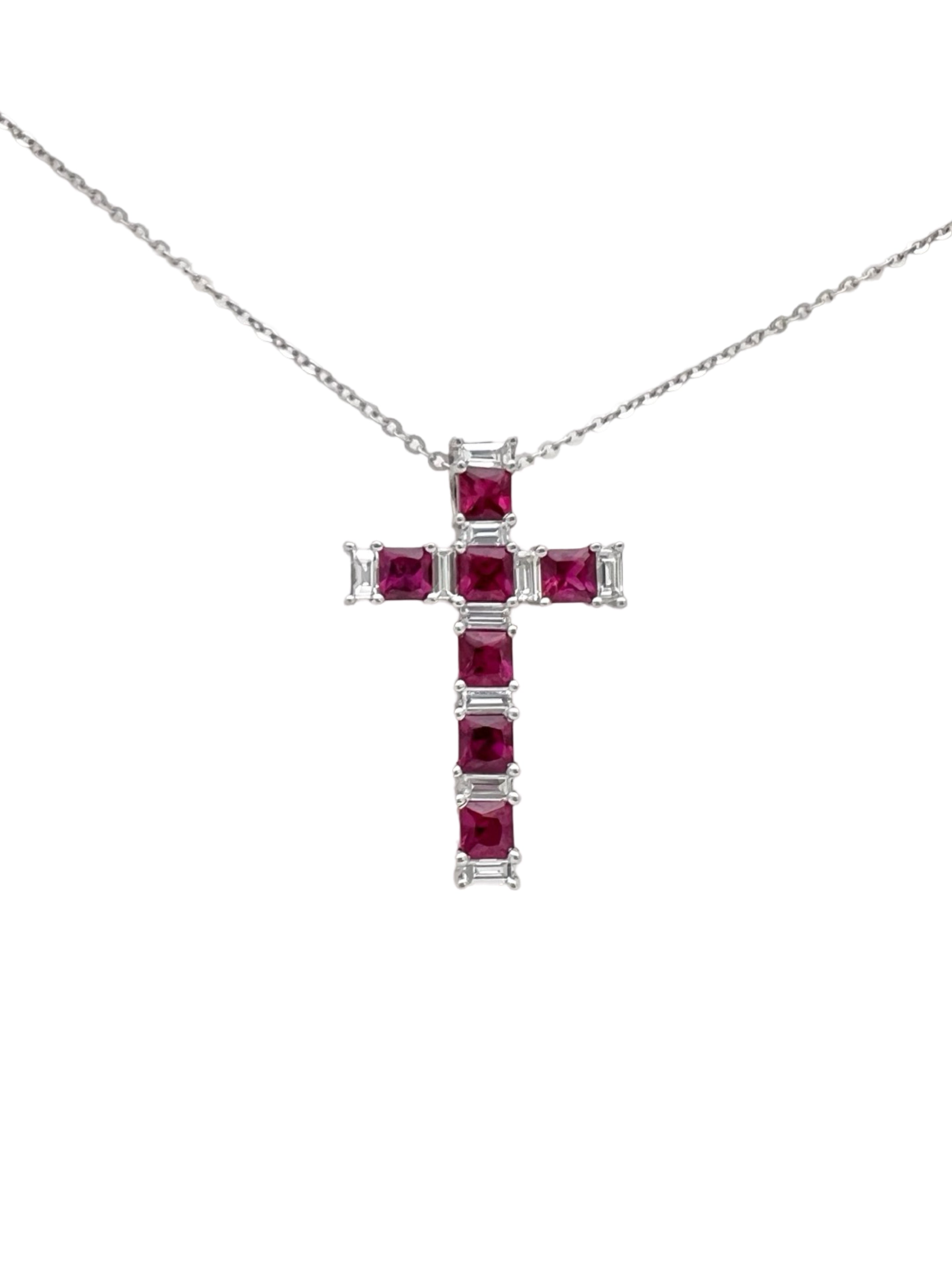 1.08Cts Rubies Burma(Certified) & 0.38Cts Diamonds 14K White Gold Cross W/Chain
