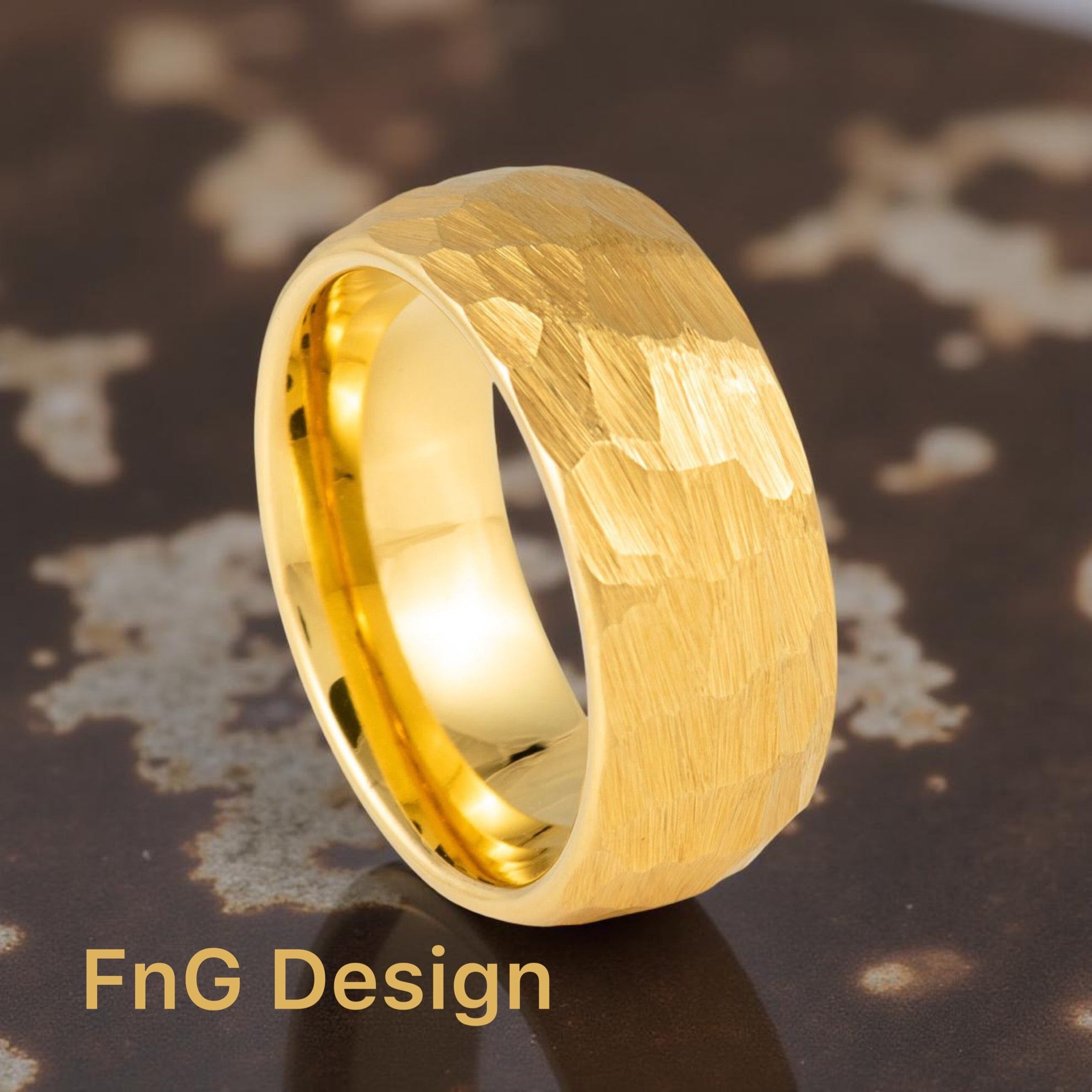 Gold Tungsten Carbide 8mm ion Plating Domed Hammered Finished Ring