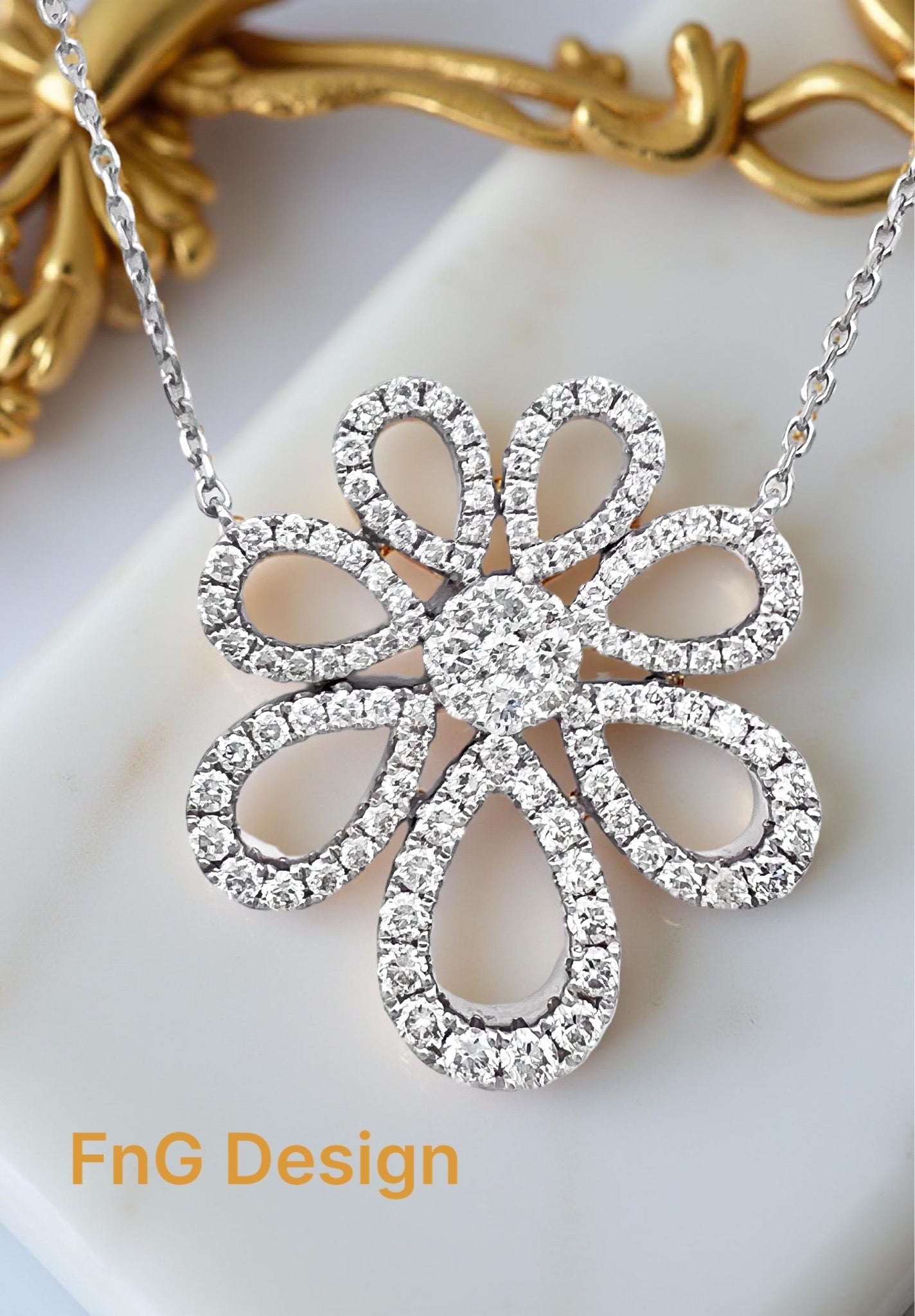 2.71 Carats Diamonds VS2 Set In 14 Karat White Gold Floral Motif Pendant Attached 17” Adjustable 16” Diamond-Cut Rolo Chain