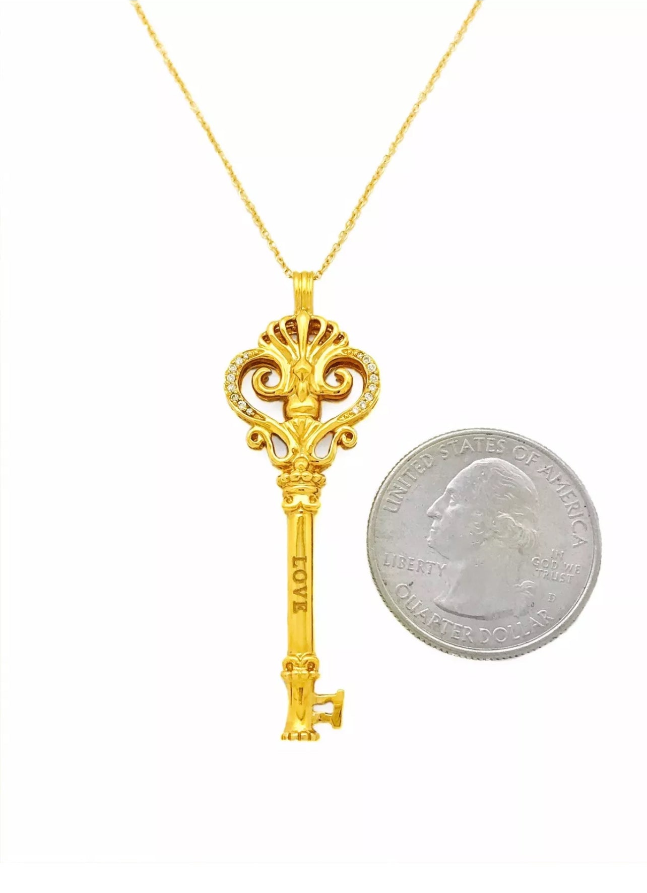 0.12 Carats Diamonds 14K Yellow Gold “Love” Key Pendant & Chain
