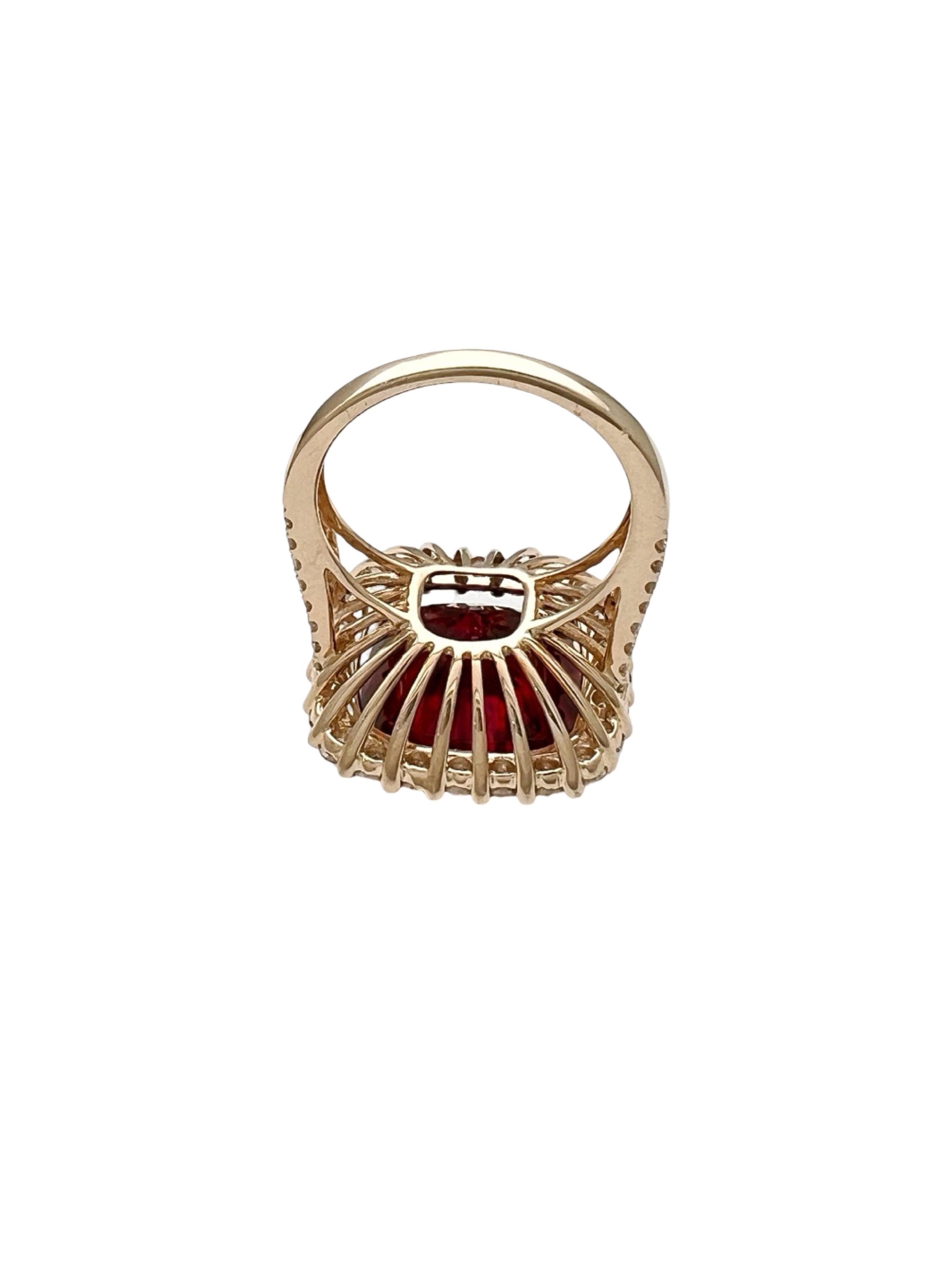 11.95 Carats Rubellite Tourmaline (Certified) & 1.76 Carats Diamonds VS2 Set In 14K Yellow Gold Ring