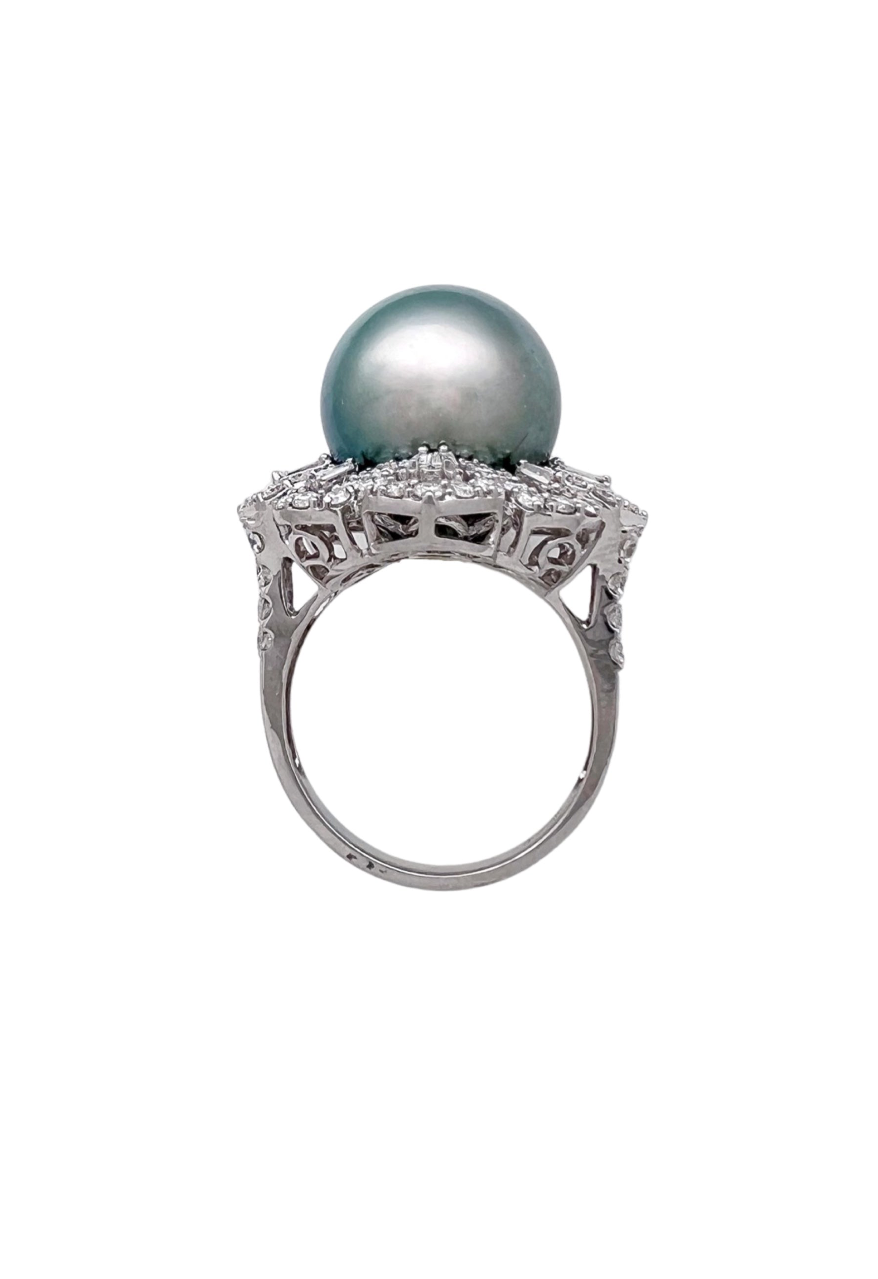 14.2MM Tahitian Pearl (Certificated) & 2.04 Cts Diamonds Set In 18K White Gold Ring