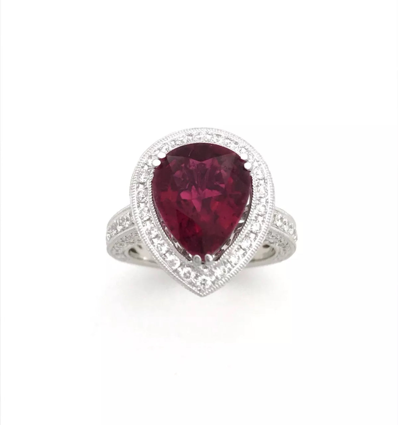 3.88Cts Rubellite Tourmaline (Certified) W/ 2.10Cts Diamonds 18K White Gold Ring