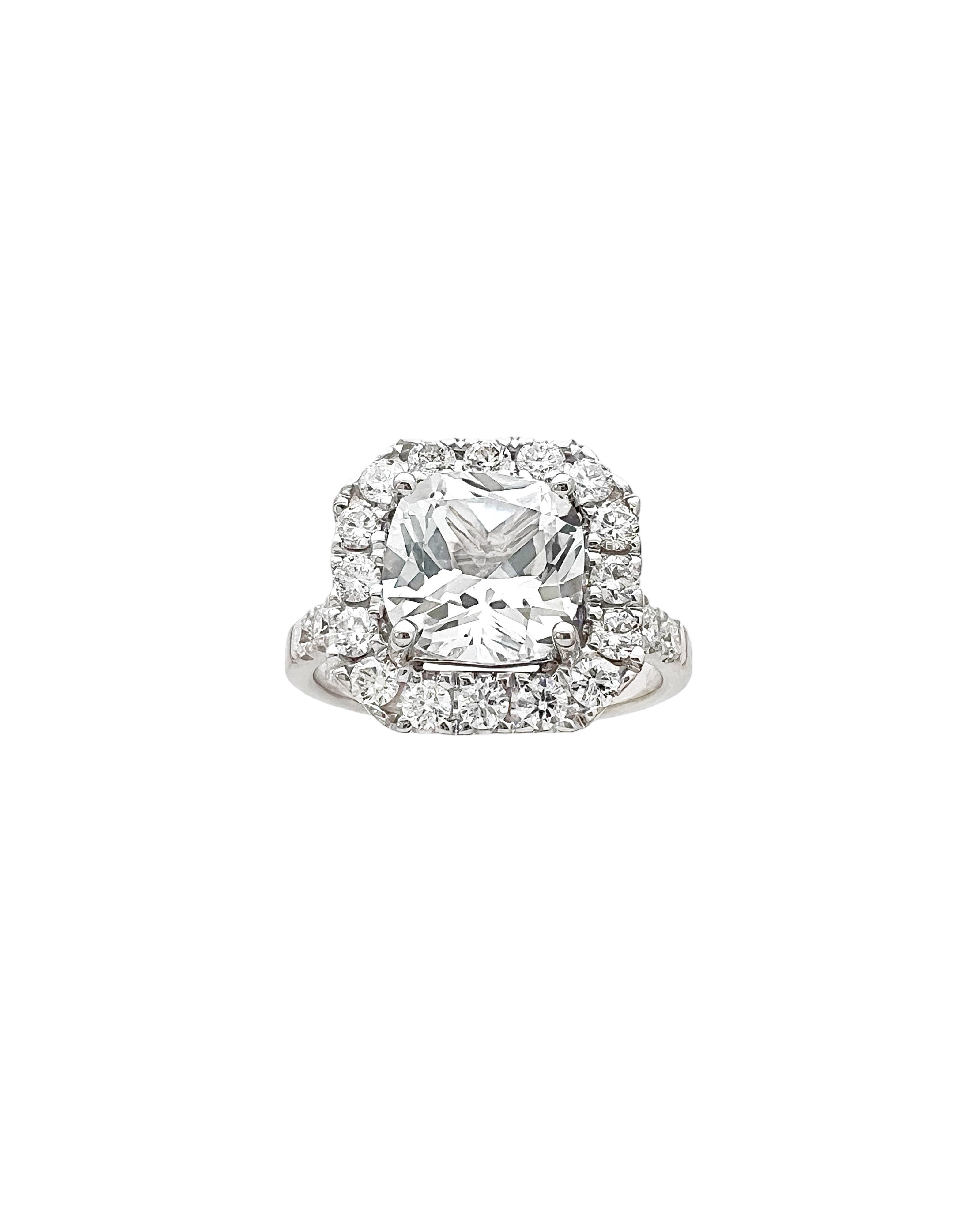 2.68 Carats White Sapphire Unheated (Certified) & 1.01 Carats Diamonds VS2 Set In 14 Karat White Gold Ring