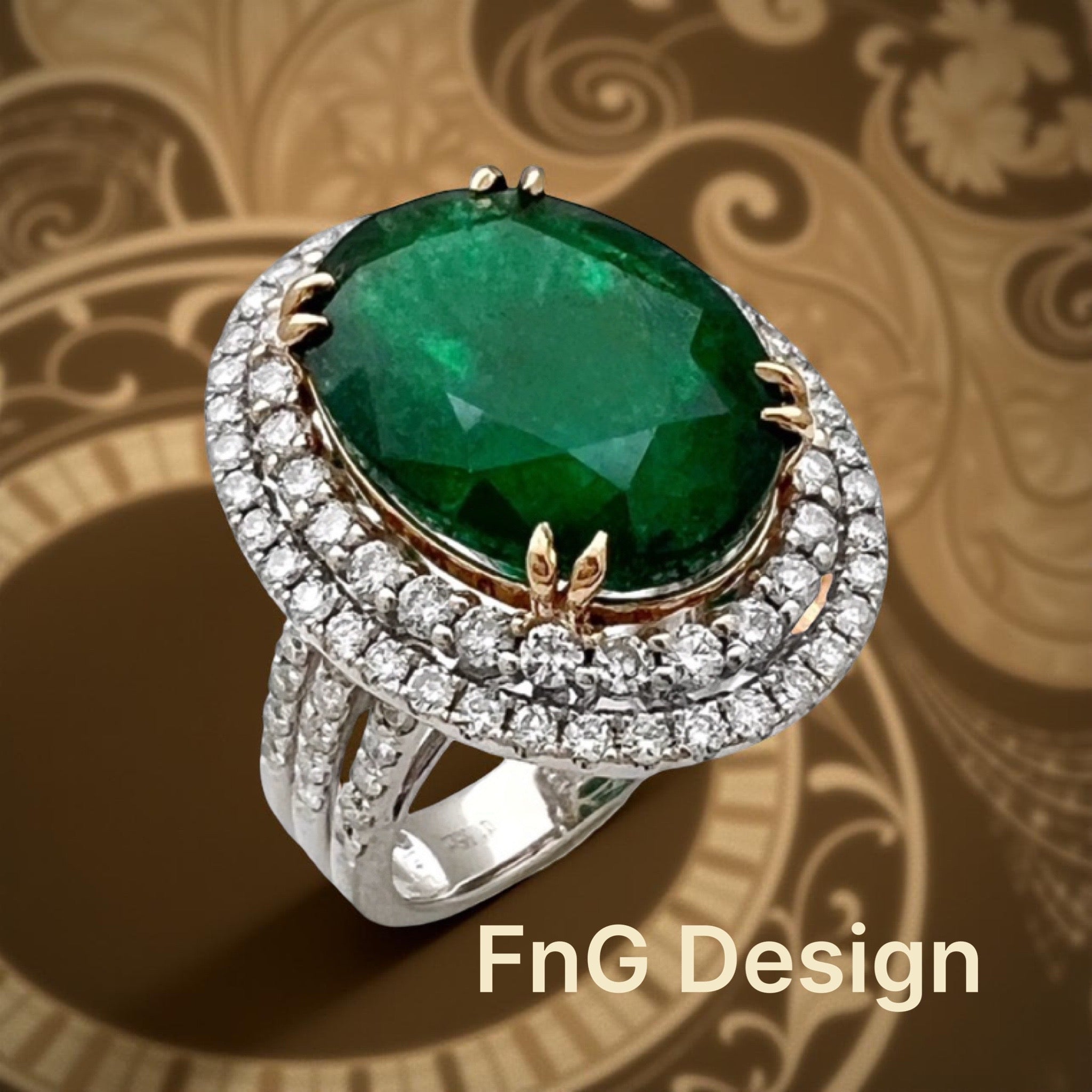 10.21 Carats Brazilian Emerald F2 (Certified) & 2.03 Carats Diamonds Double Halo Ring – 14K White & Yellow Gold Ring