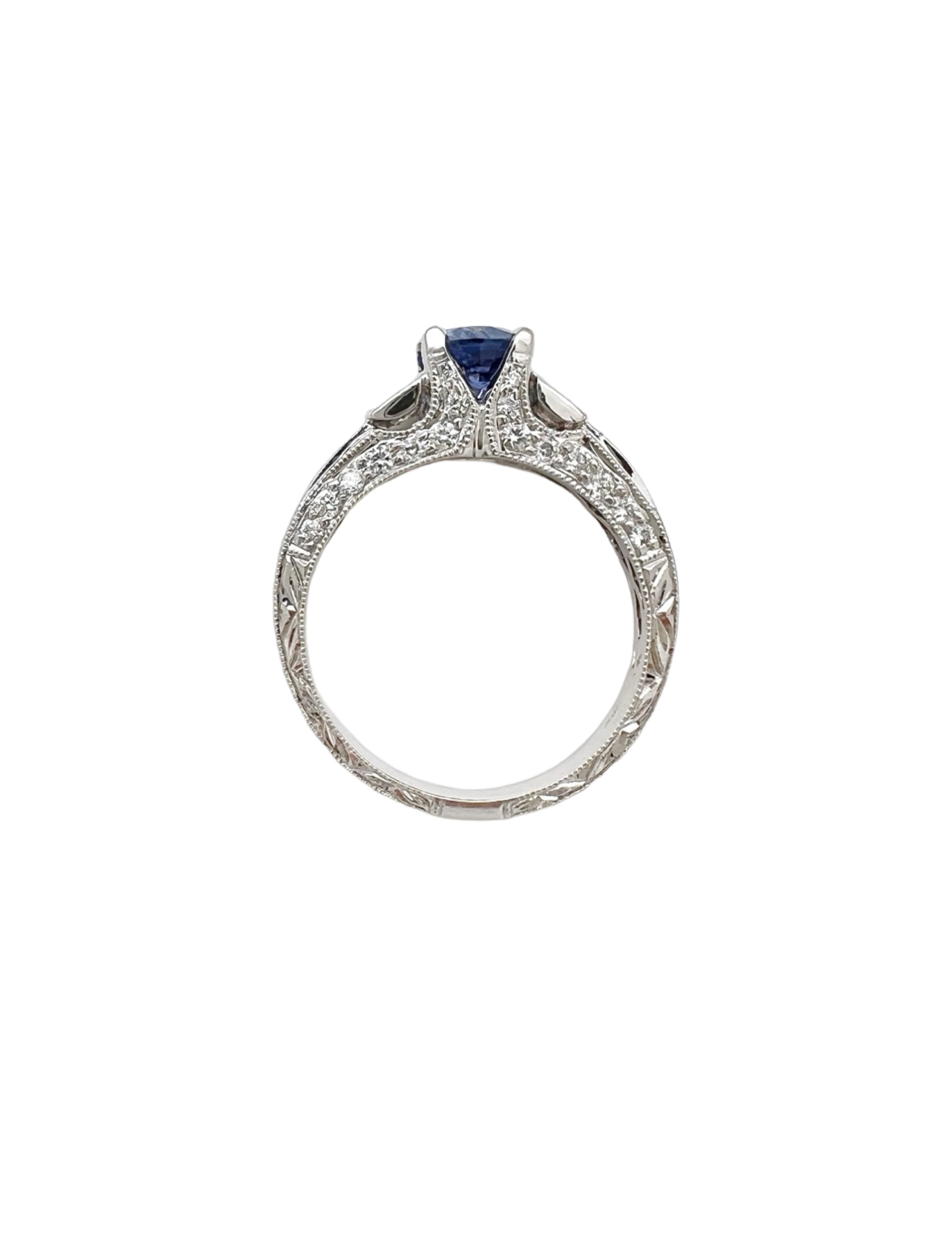1.141Cts Medium-Dark Blue Sapphire Cert. W/1.02Cts Diamond 14K White Gold Ring
