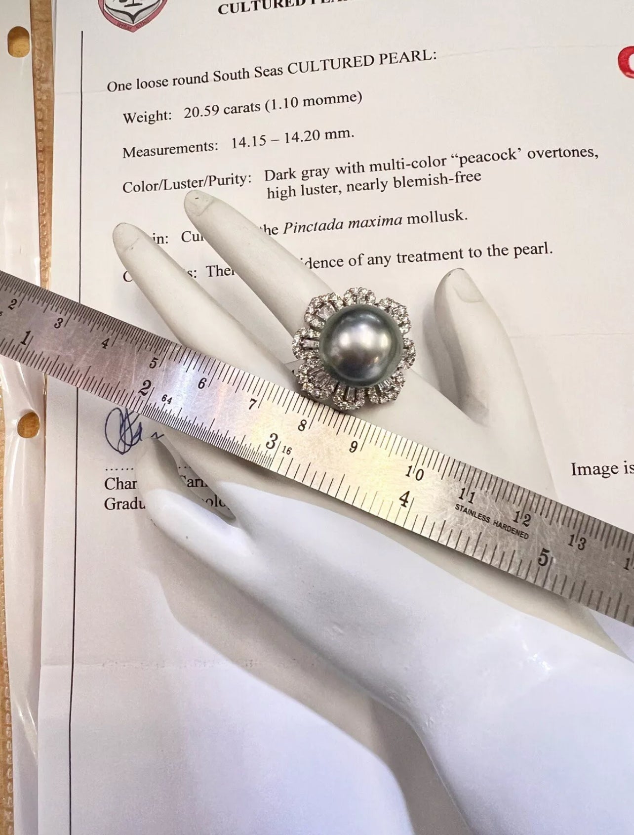 14.2MM Tahitian Pearl (Certificated) & 2.04 Cts Diamonds Set In 18K White Gold Ring