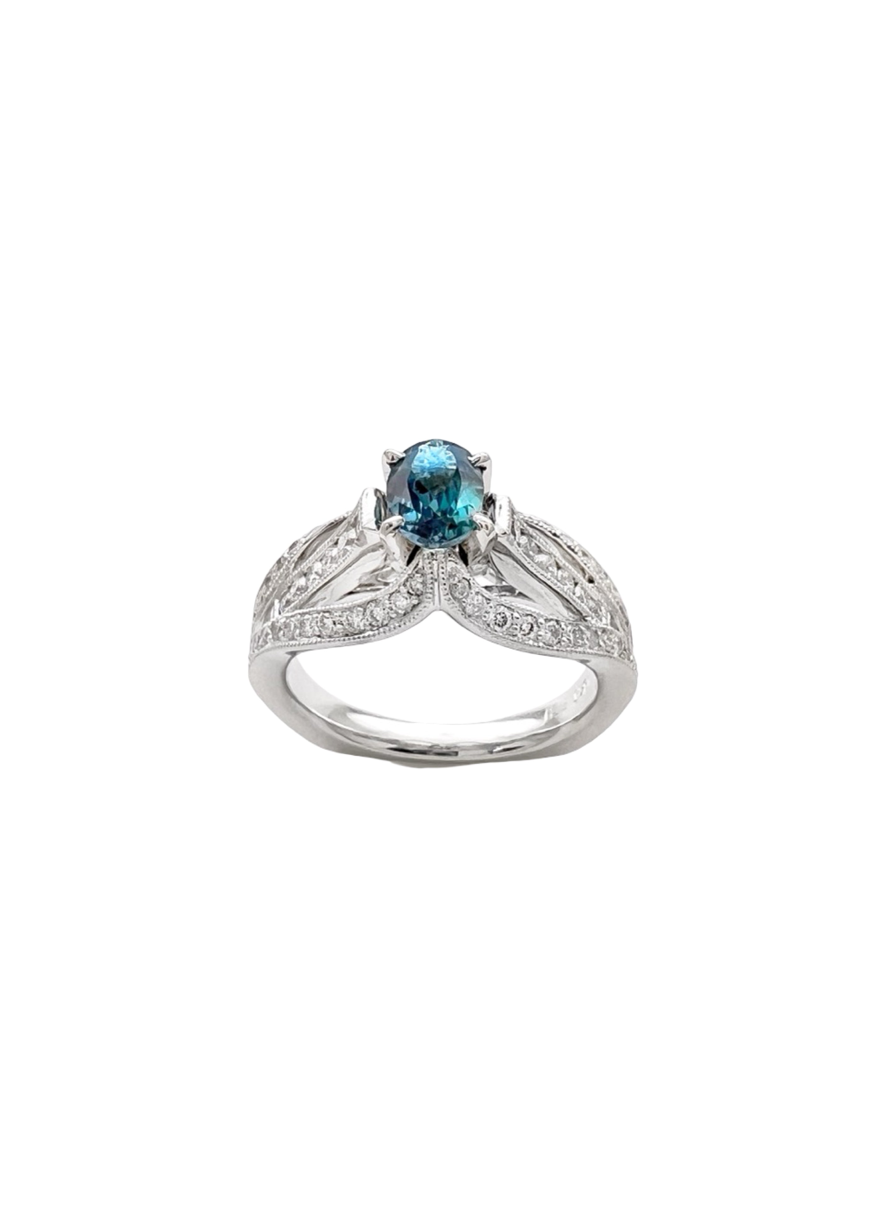 0.55 Carats Alexandrite GIA (Certified) & 0.94 Carats Diamonds Set In 18K white Gold Ring