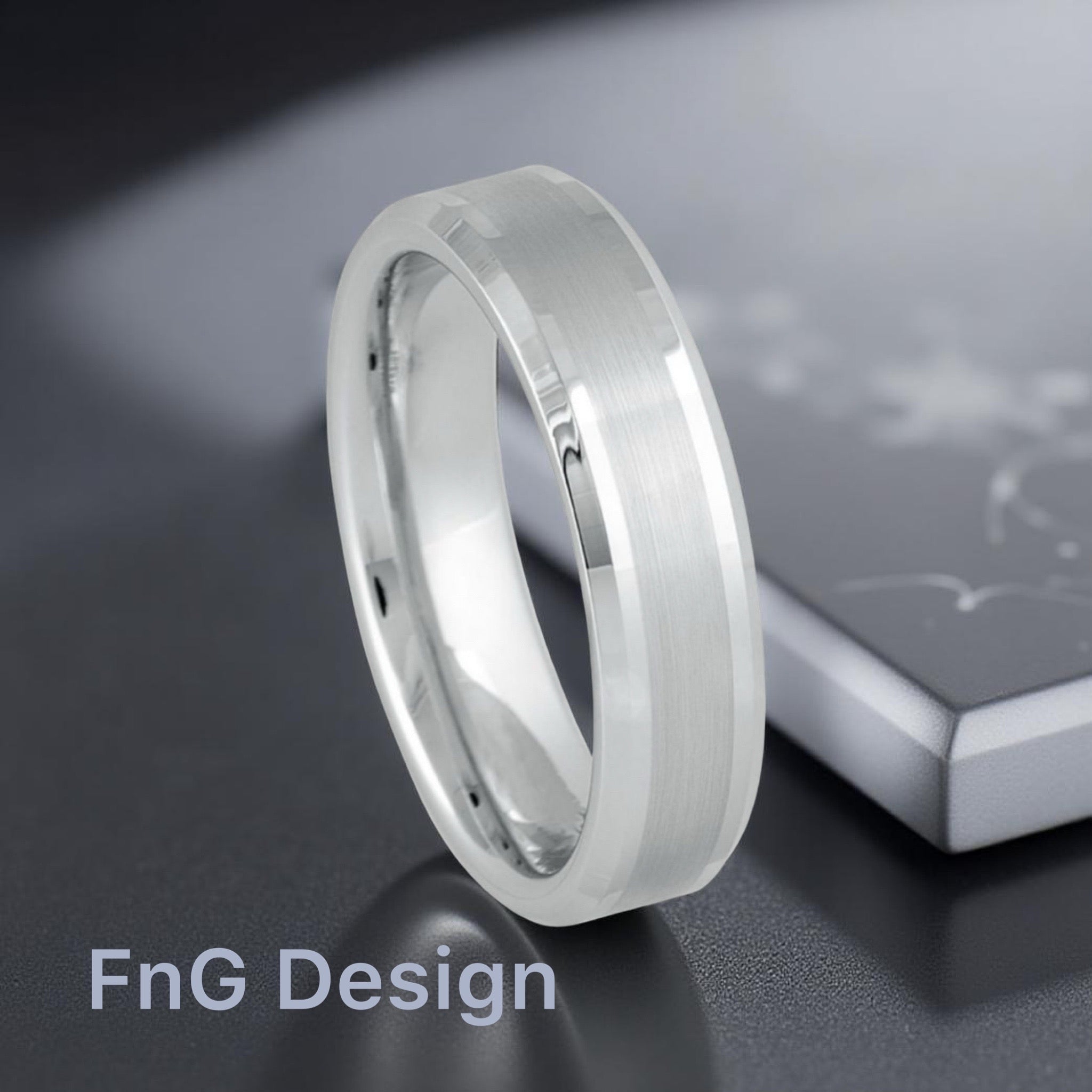 White Tungsten Carbide 6mm ion Plating Flat Beveled hi-Polished Center Brushed Finish Ring