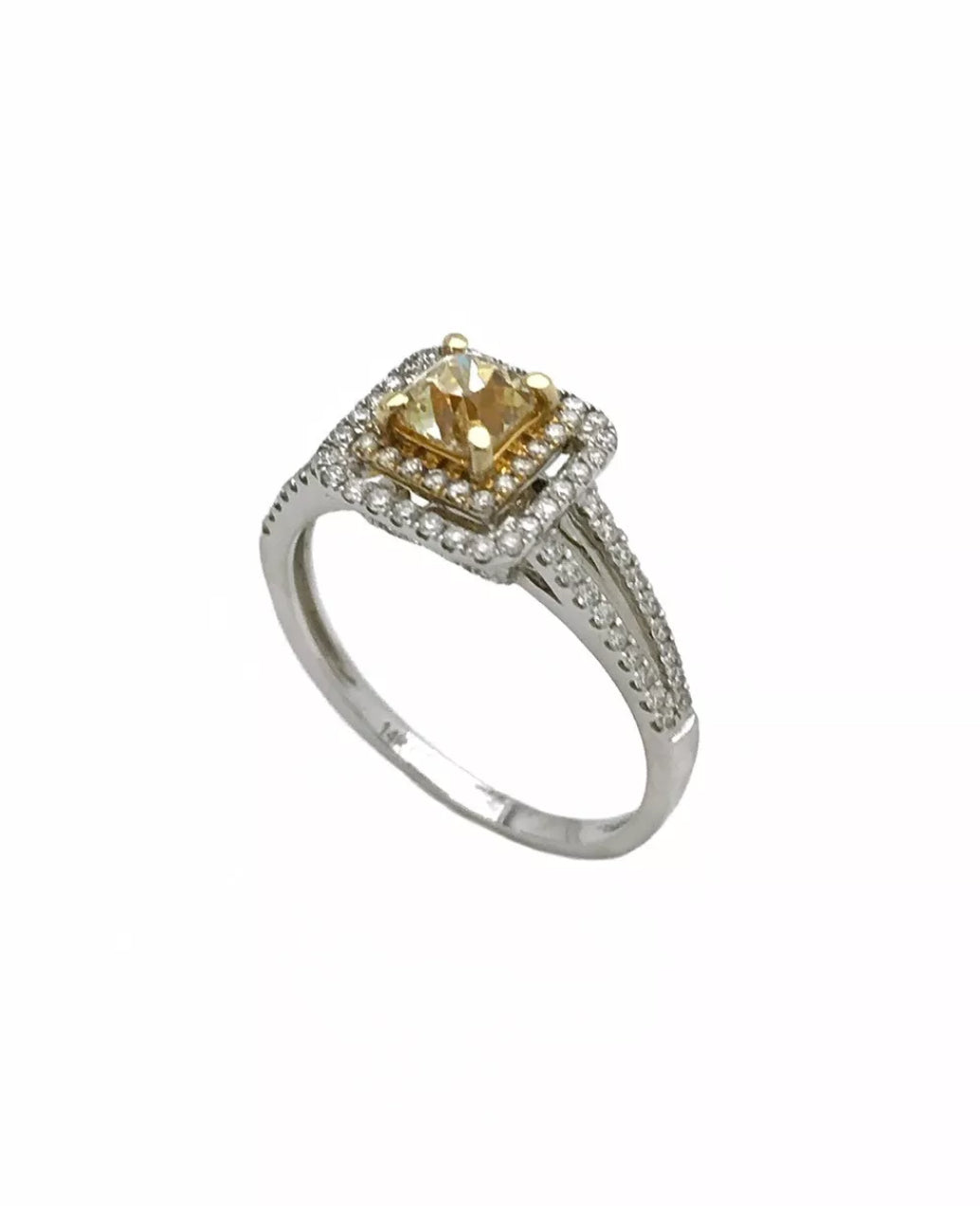 1.10 TCW (Ctr  0.51Ct)Natural Lt. Yellow Dia SI / White Dia 14K Wh/Yel Gold Ring