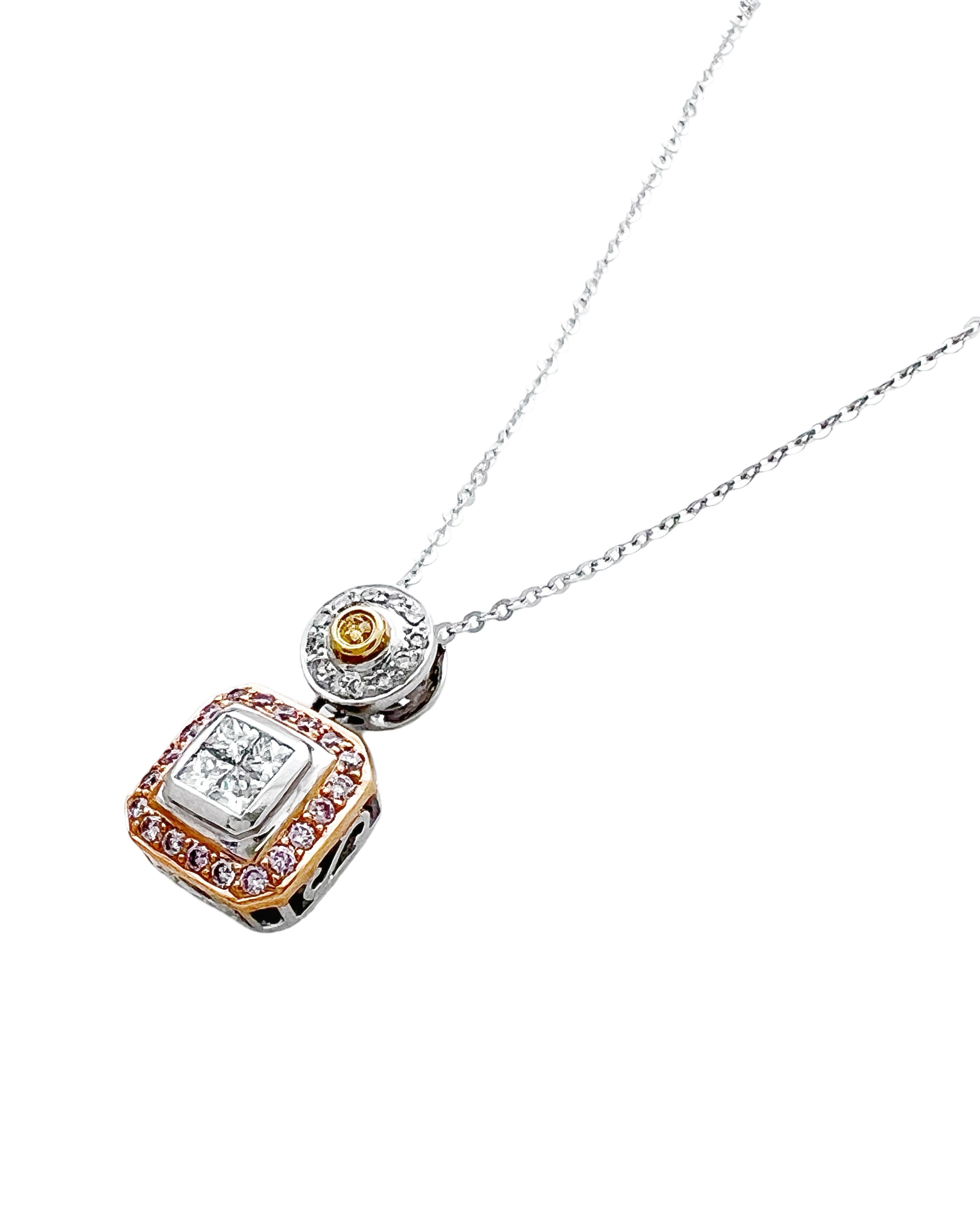 0.75 Carats Diamonds VS2 & 0.25 Carats Pink Diamonds & .03 Carats Yellow Diamonds Set In 18 Karat White Rose & Yellow Gold Pendant With Rolo Diamond-Cut Chain 18 Inches