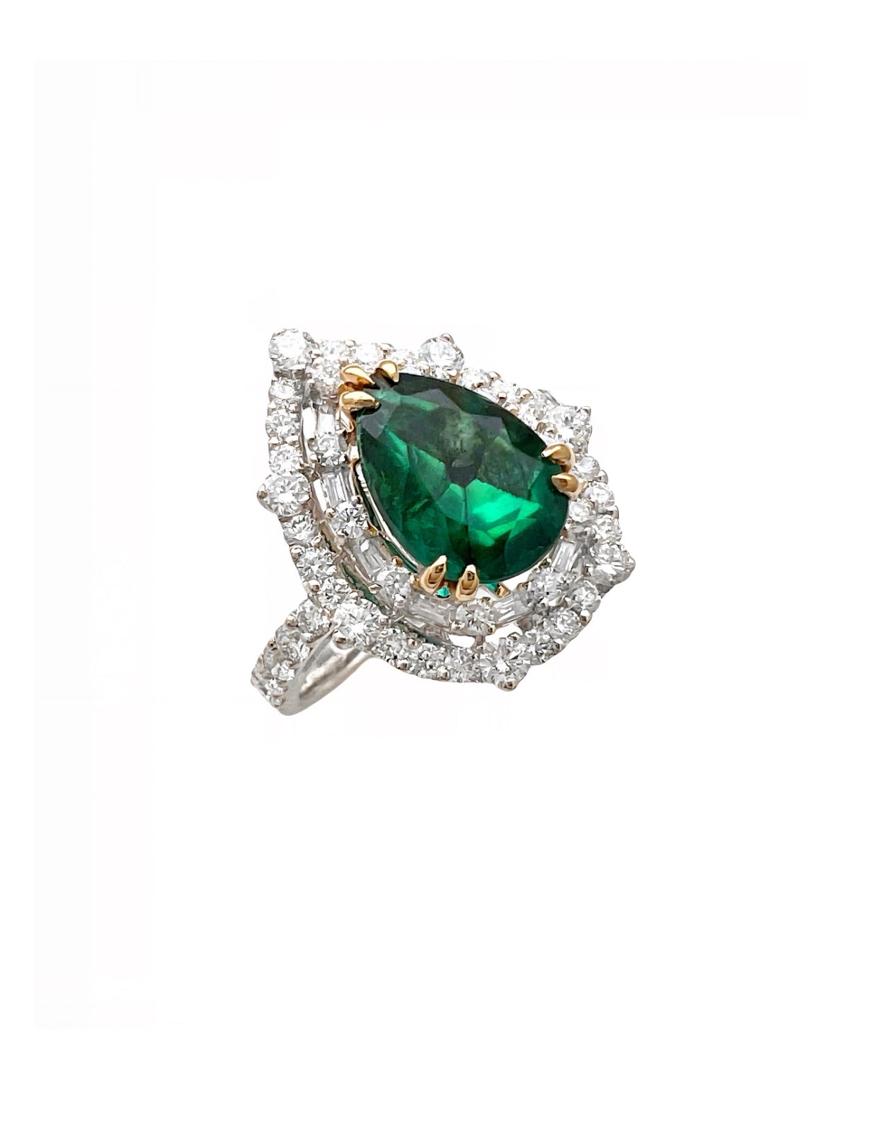 2.10 Carats Trapiche Colombian Emerald, No-Oil (Certified) & 1.28 Carats Diamonds VS2 Set 18K White & Yellow Gold Ring