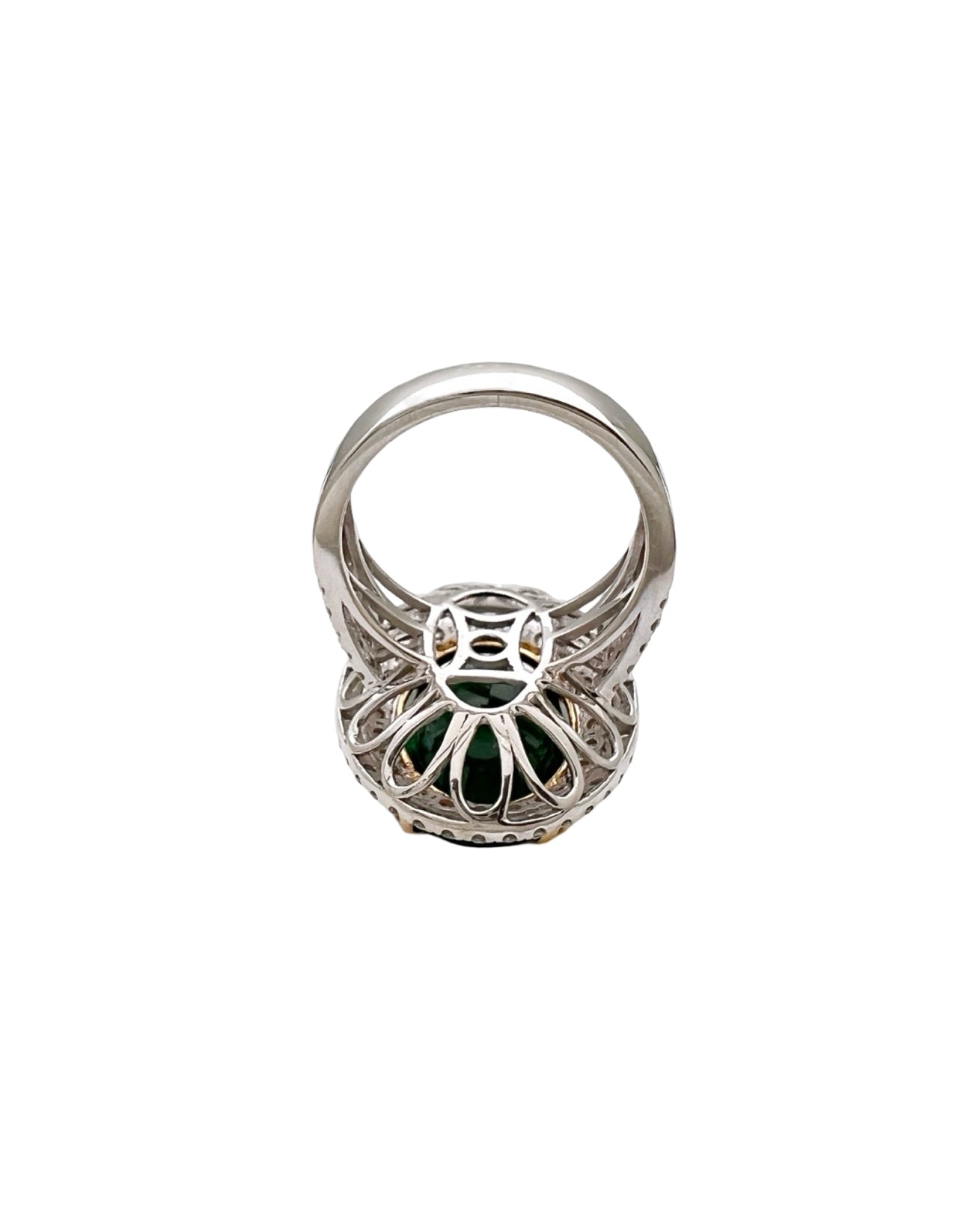 10.21 Carats Brazilian Emerald F2 (Certified) & 2.03 Carats Diamonds Double Halo Ring – 14K White & Yellow Gold Ring