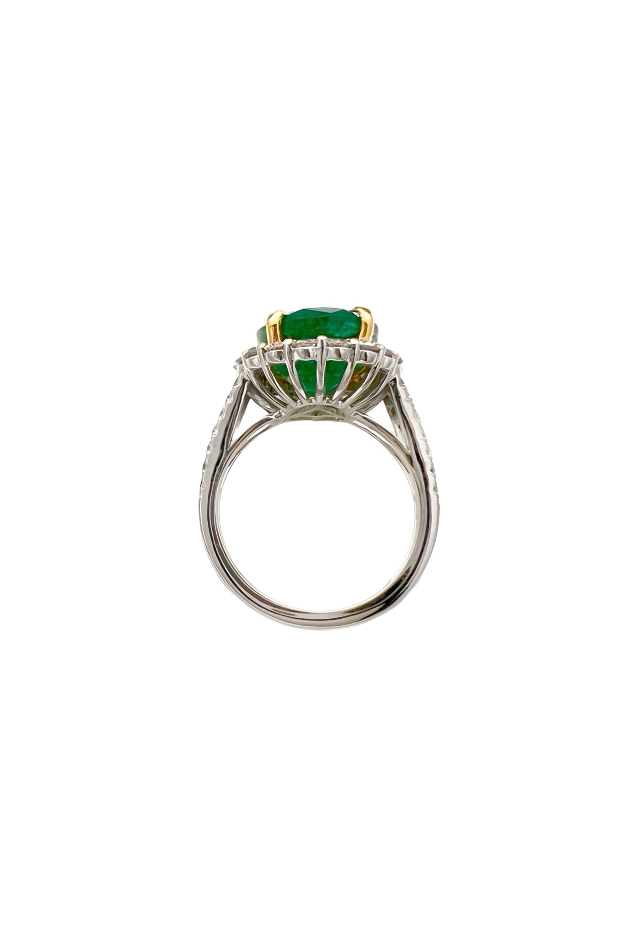 6.47 Carats Brazilian Emerald F1 (Certified) & 1.44 Carats Diamond Halo Ring – 14K white & Yellow Gold Ring