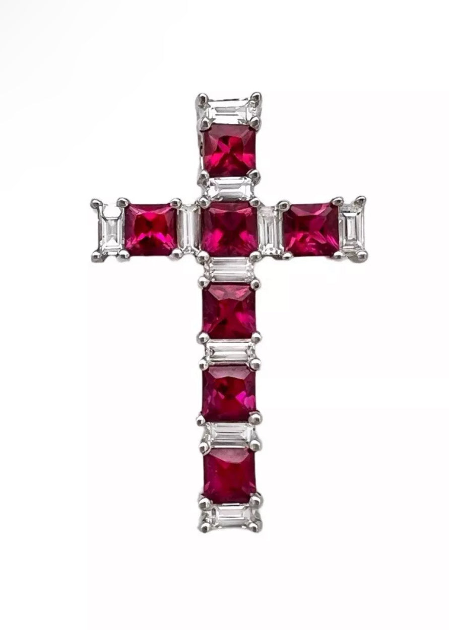1.08Cts Rubies Burma(Certified) & 0.38Cts Diamonds 14K White Gold Cross W/Chain