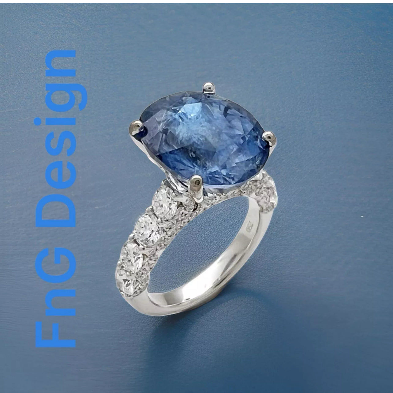 8.90Cts Unheated Lt-Med Blue Sapphire W/ 1.76Cts Diamond 18K White Gold Ring