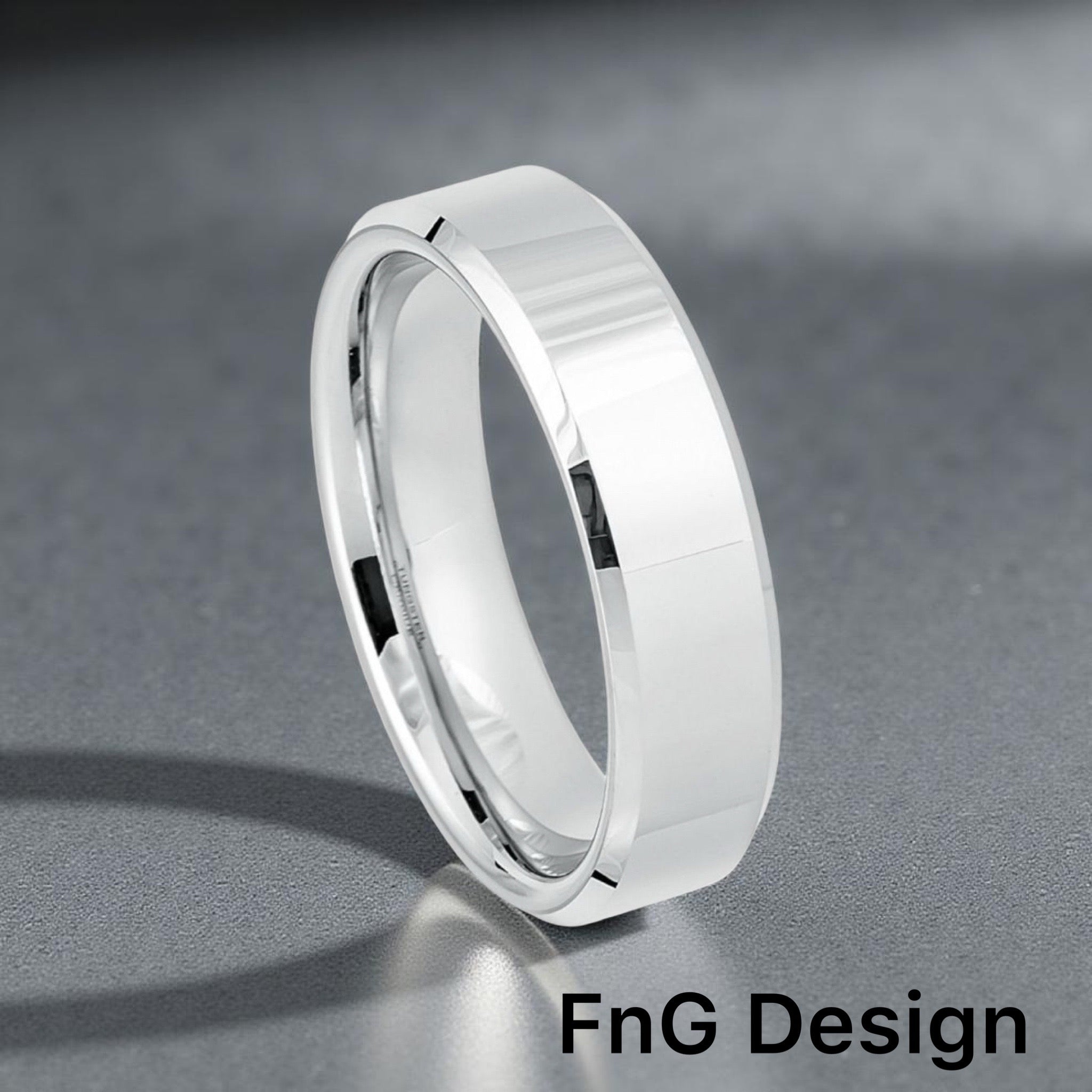 White Tungsten Carbide 6mm ion Plating Flat Beveled hi-Polished Finish Ring