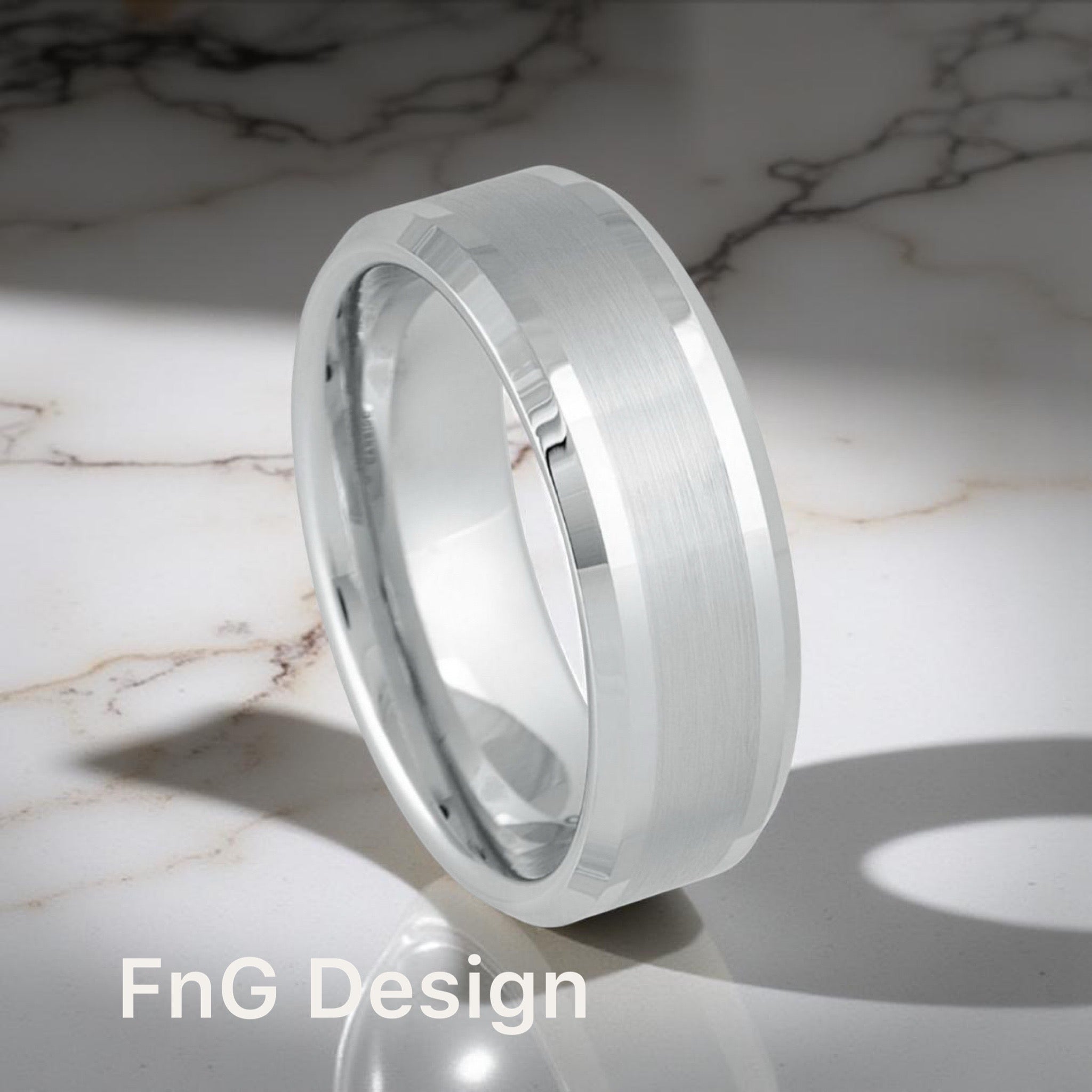White Tungsten Carbide 8mm ion Plating Flat Beveled hi-Polished Center Brushed Finish Ring