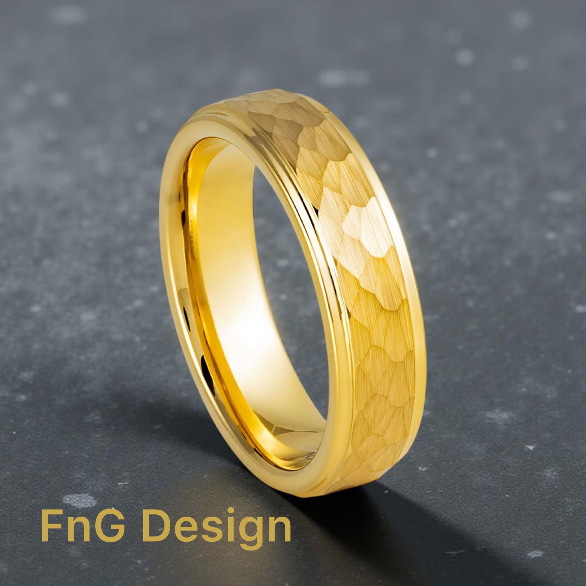 Gold Tungsten Carbide 6mm ion Plating Flat Hammered Finished hi-Polished Stepped Edge Ring