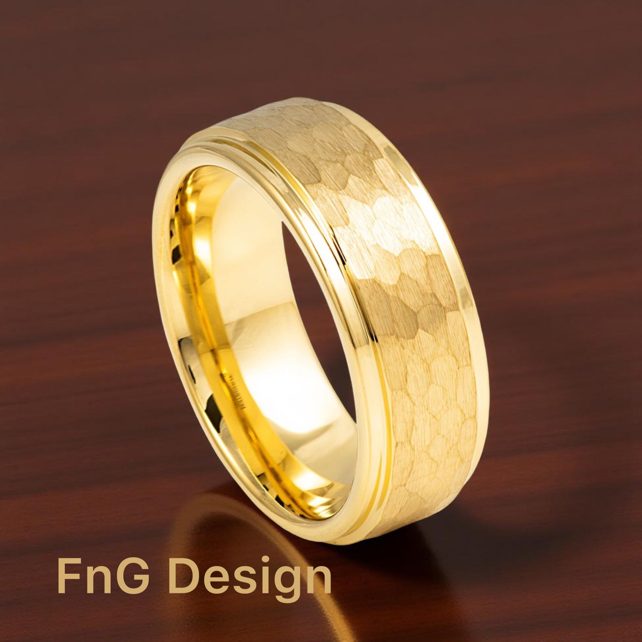 Gold Tungsten Carbide 8mm ion Plating Flat Hammered Finished hi-Polished Stepped Edge Ring