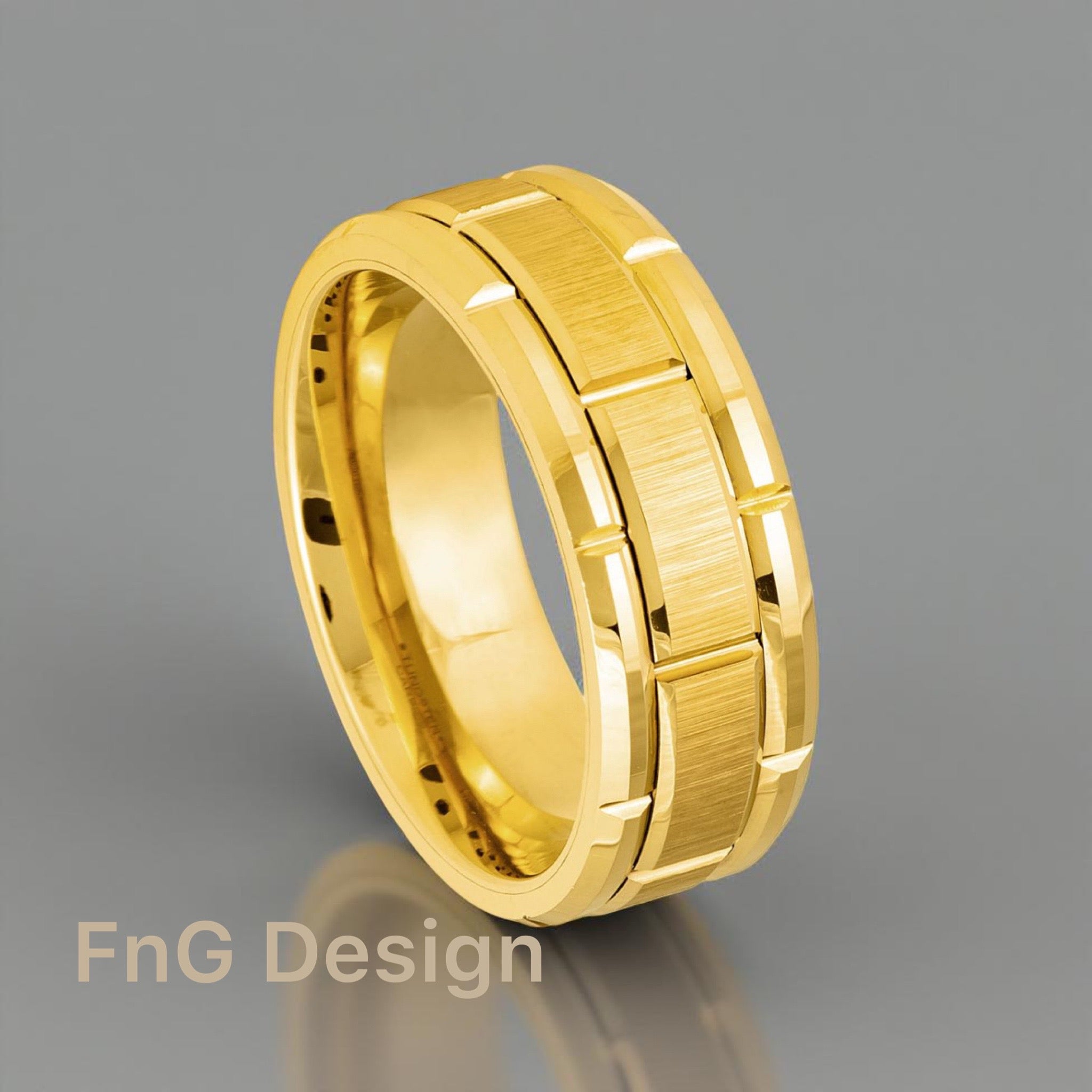 Gold Tungsten Carbide 8mm ion Plating Brick Grooved (Center Brush) hi-Polished Smooth Edge