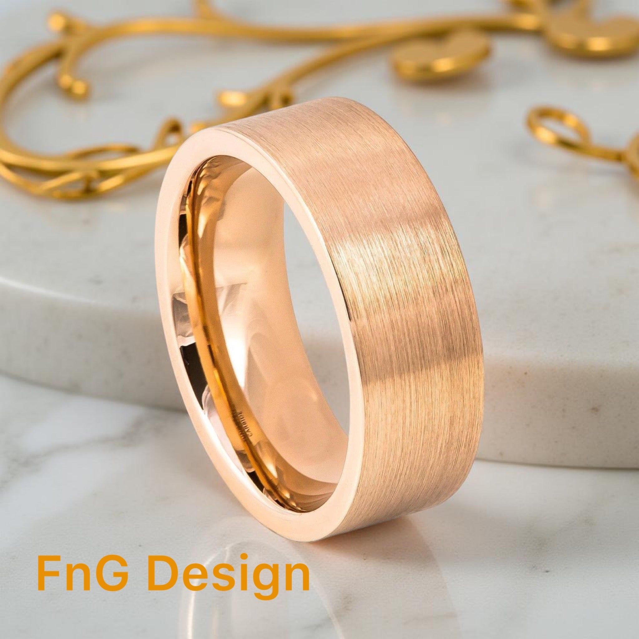 Rose Gold Tungsten Carbide 8mm ion Plating Flat Brushed Pipe Cut Ring