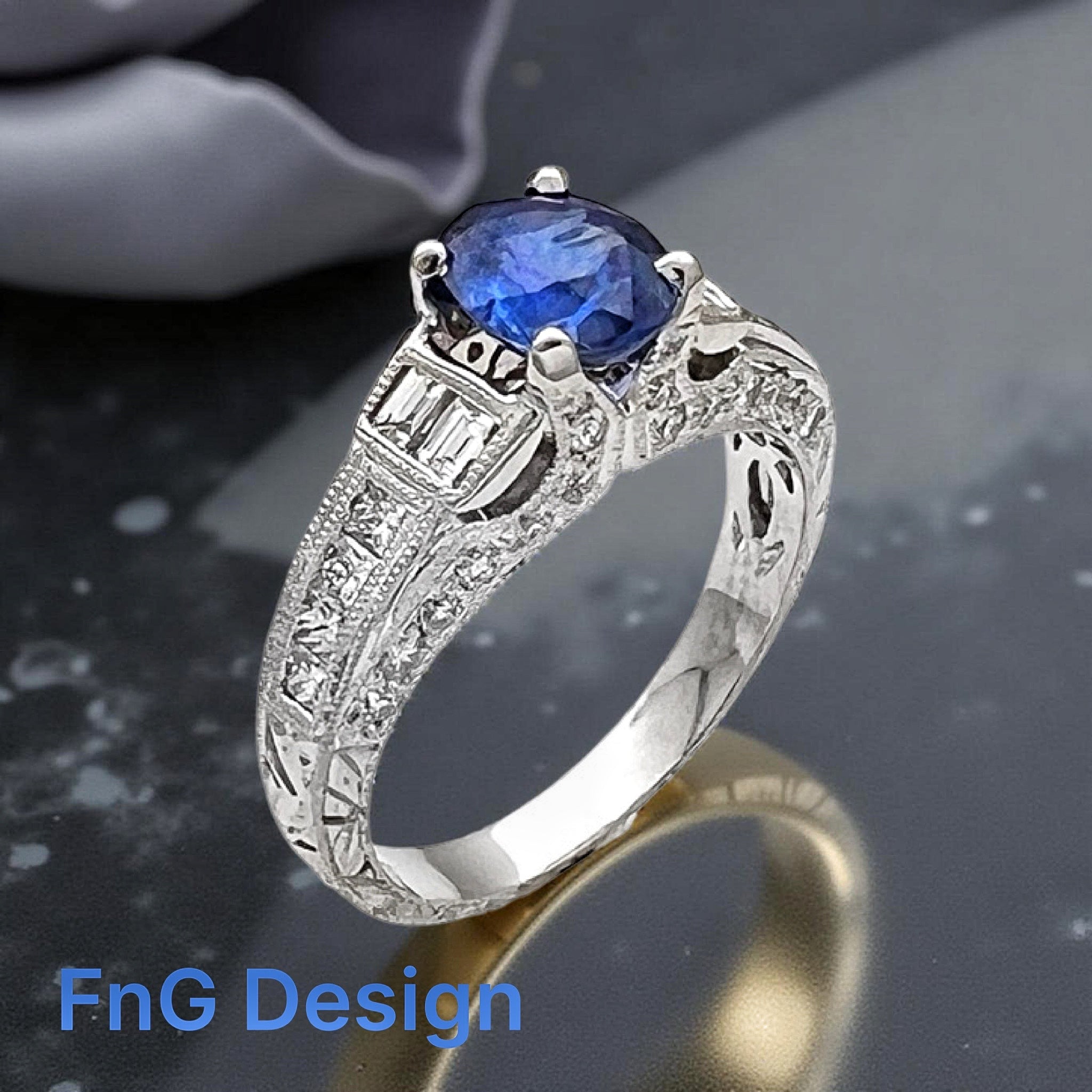 1.141Cts Medium-Dark Blue Sapphire Cert. W/1.02Cts Diamond 14K White Gold Ring